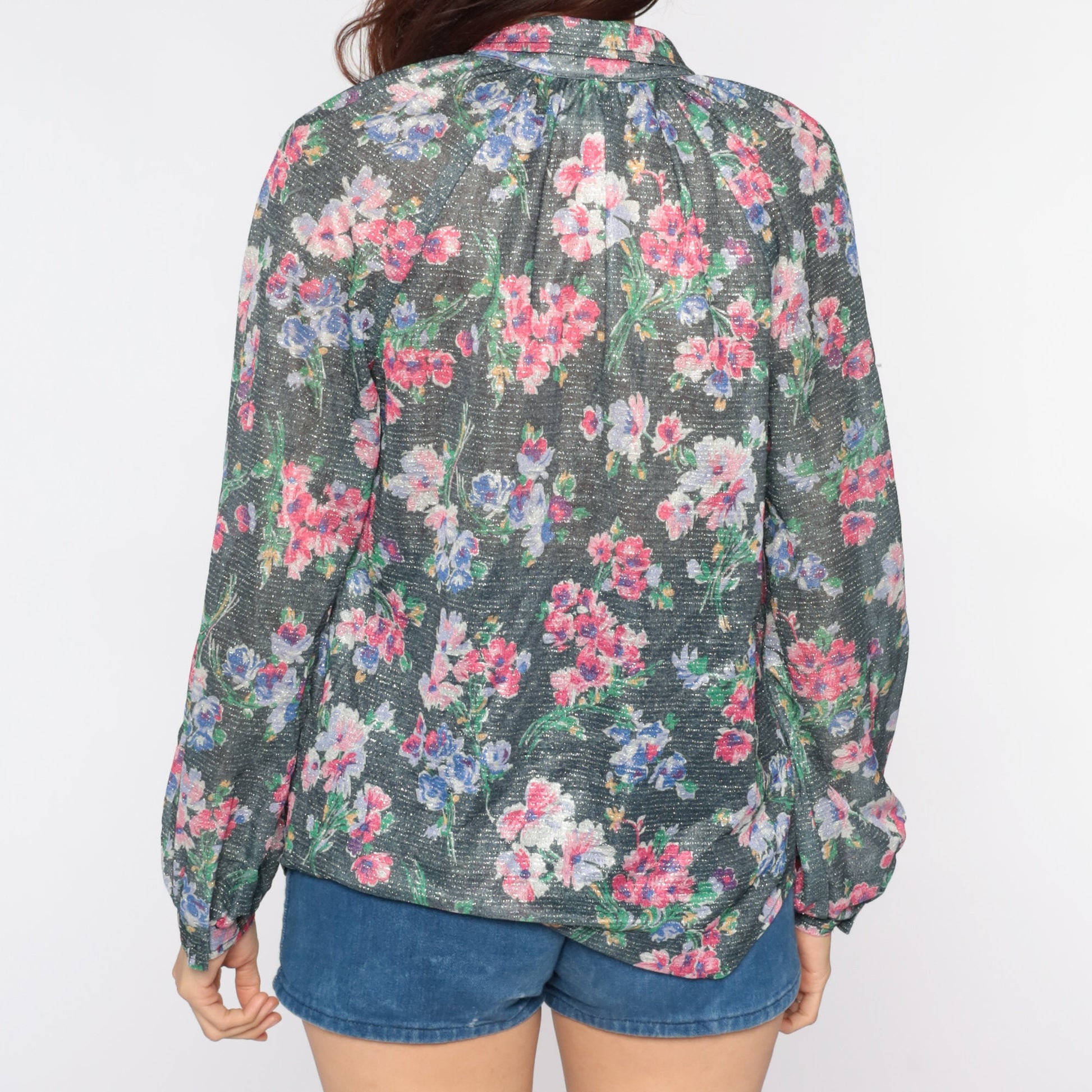 70s Silver Floral Button-Up Blouse Metallic Raglan Sleeve Shirt Large L