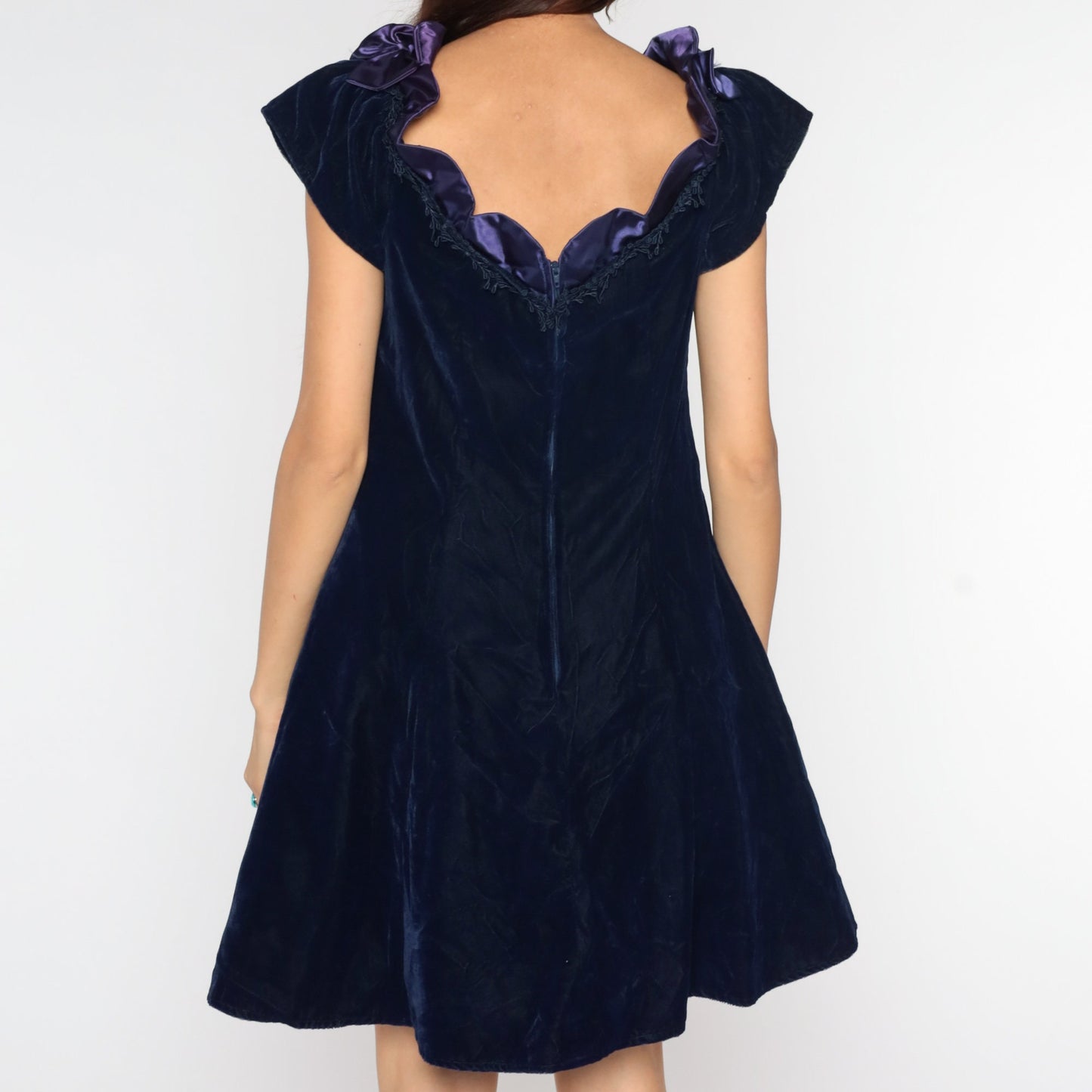 80s Navy Velvet Mini Dress Purple Ruffle Collar Cap Sleeve Medium