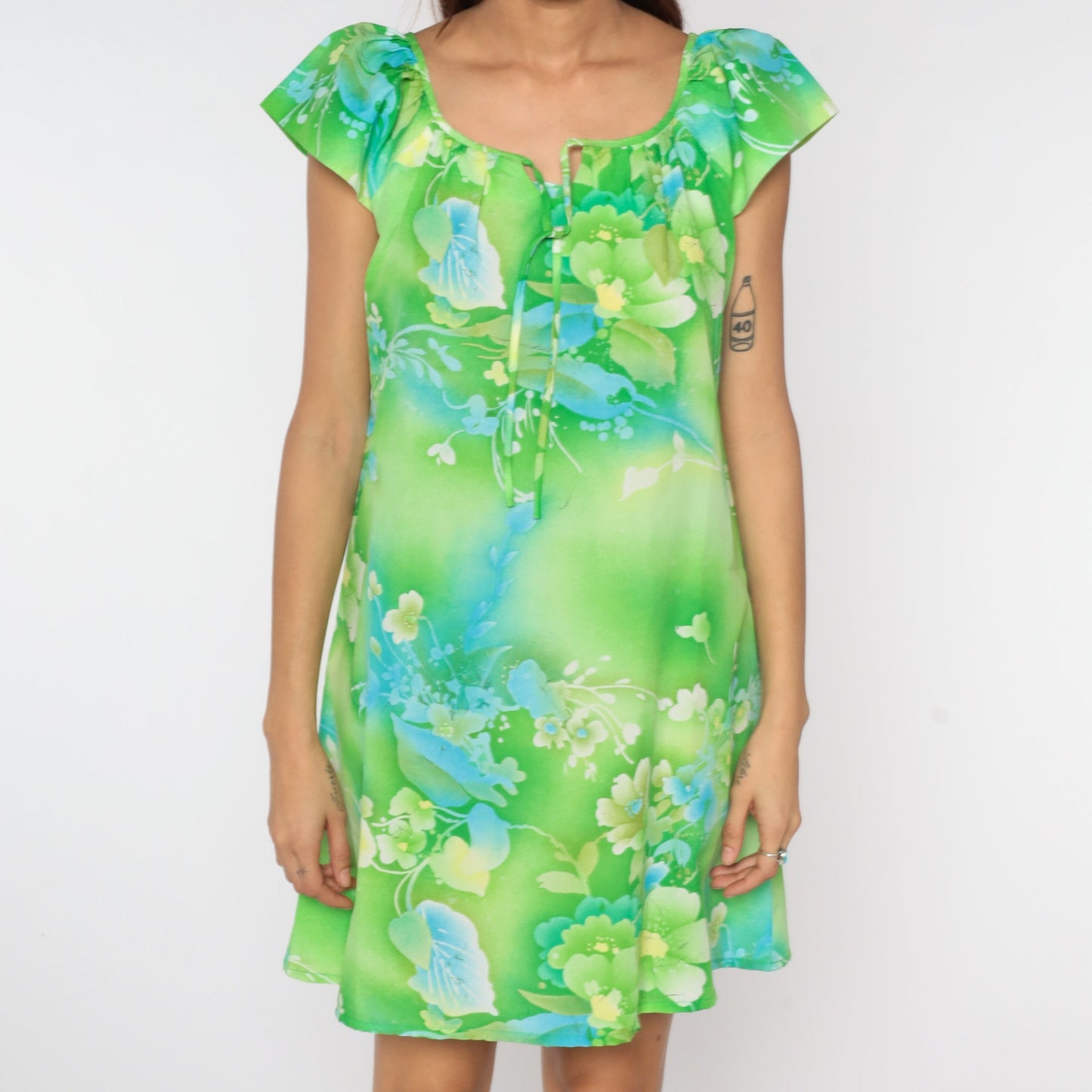 60s Green Floral Shift Dress Mini Neck Tie Flutter Sleeve Medium