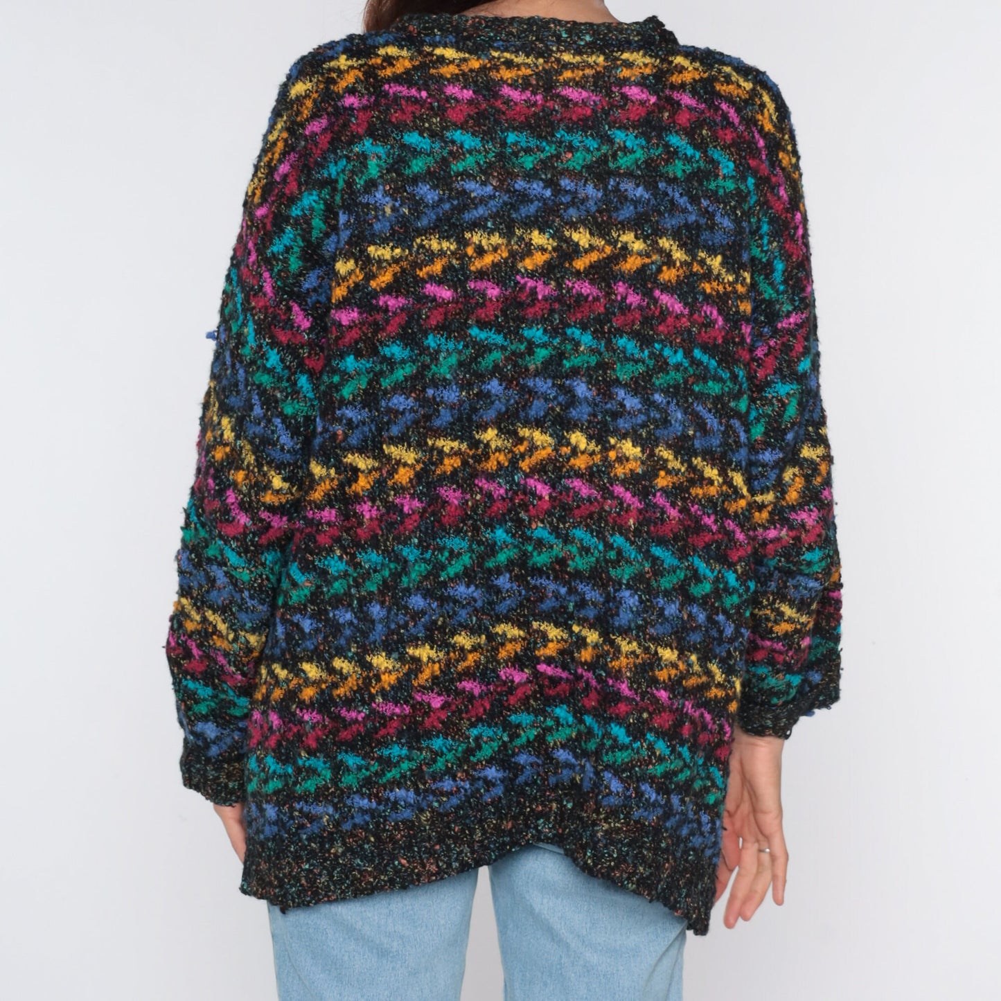 80s Metallic Geometric Cardigan Black Rainbow Sparkly Knit Small
