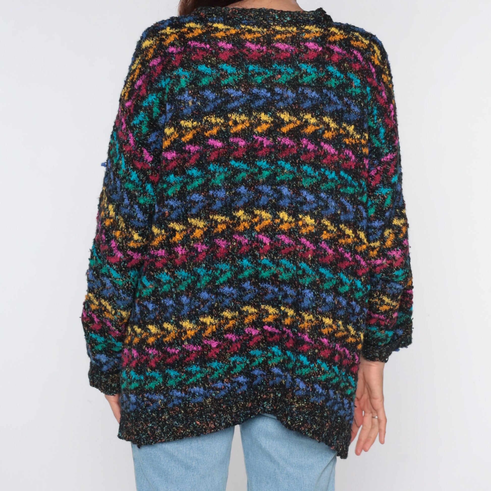 80s Metallic Geometric Cardigan Black Rainbow Sparkly Knit Small