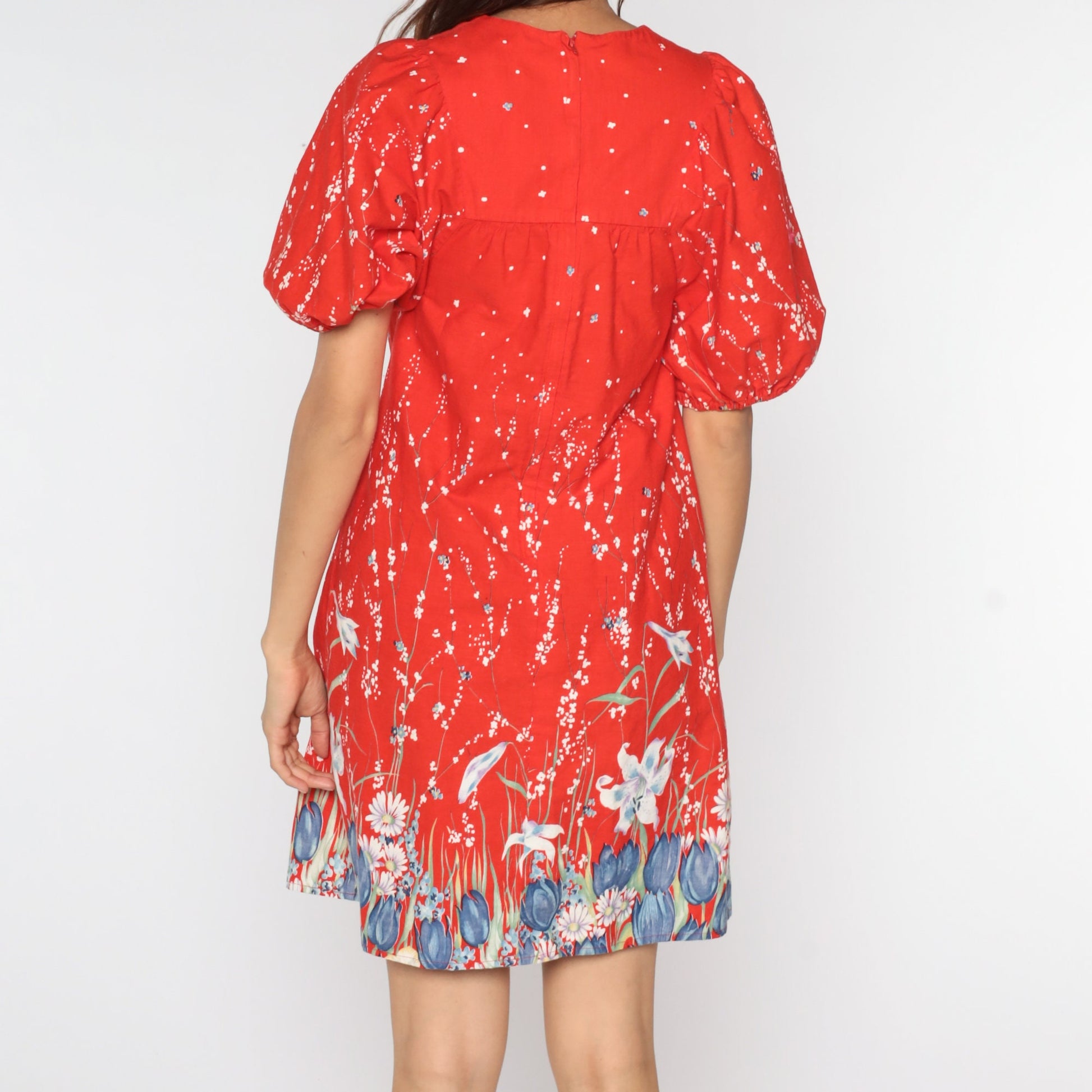 70s Floral Mini Dress Red Puff Sleeve Shift Keyhole Small