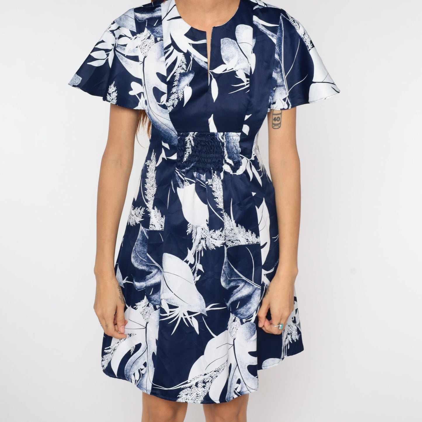 70s Babydoll Mini Dress Navy Leaf Print Empire Waist Flutter Sleeve Small