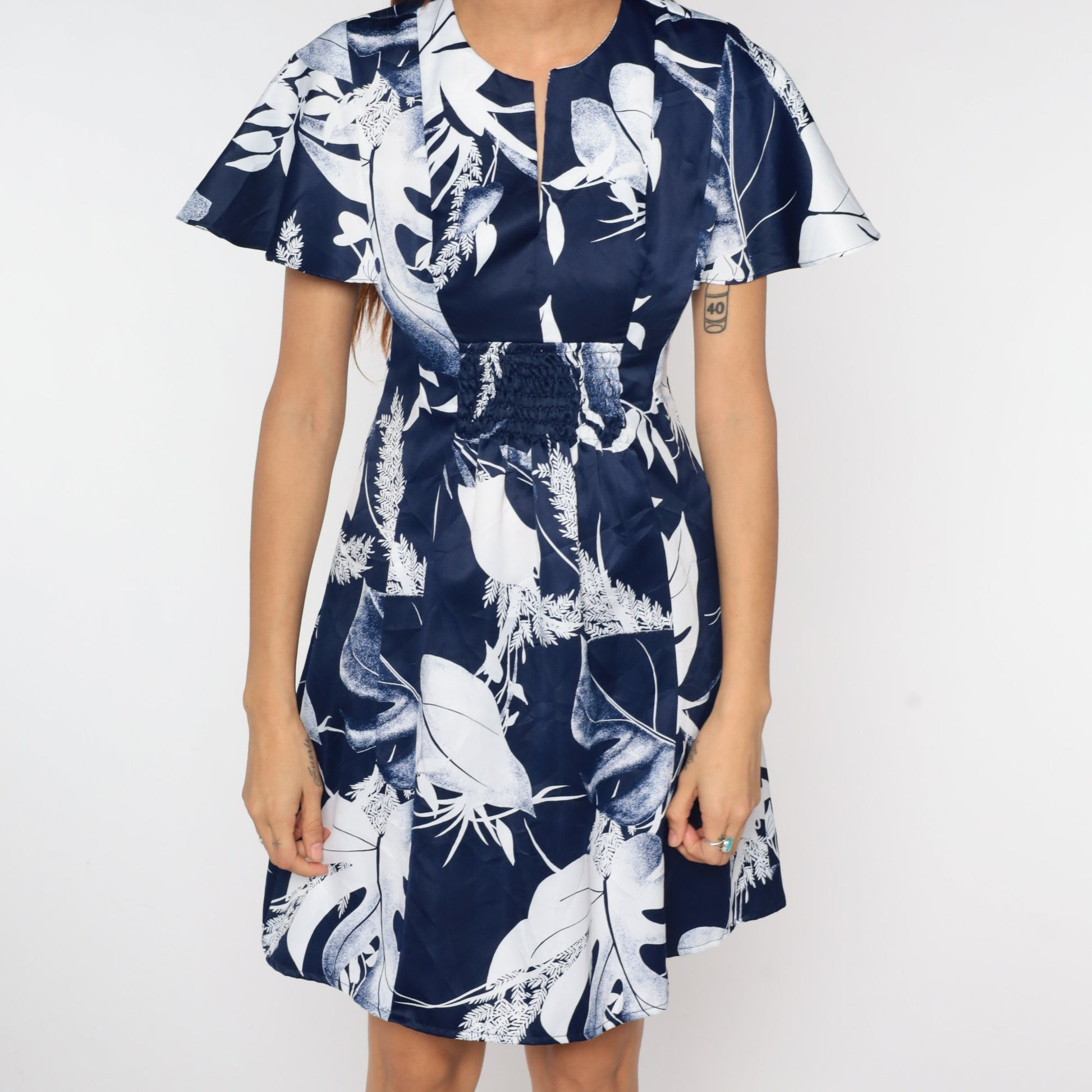 70s Babydoll Mini Dress Navy Leaf Print Empire Waist Flutter Sleeve Small