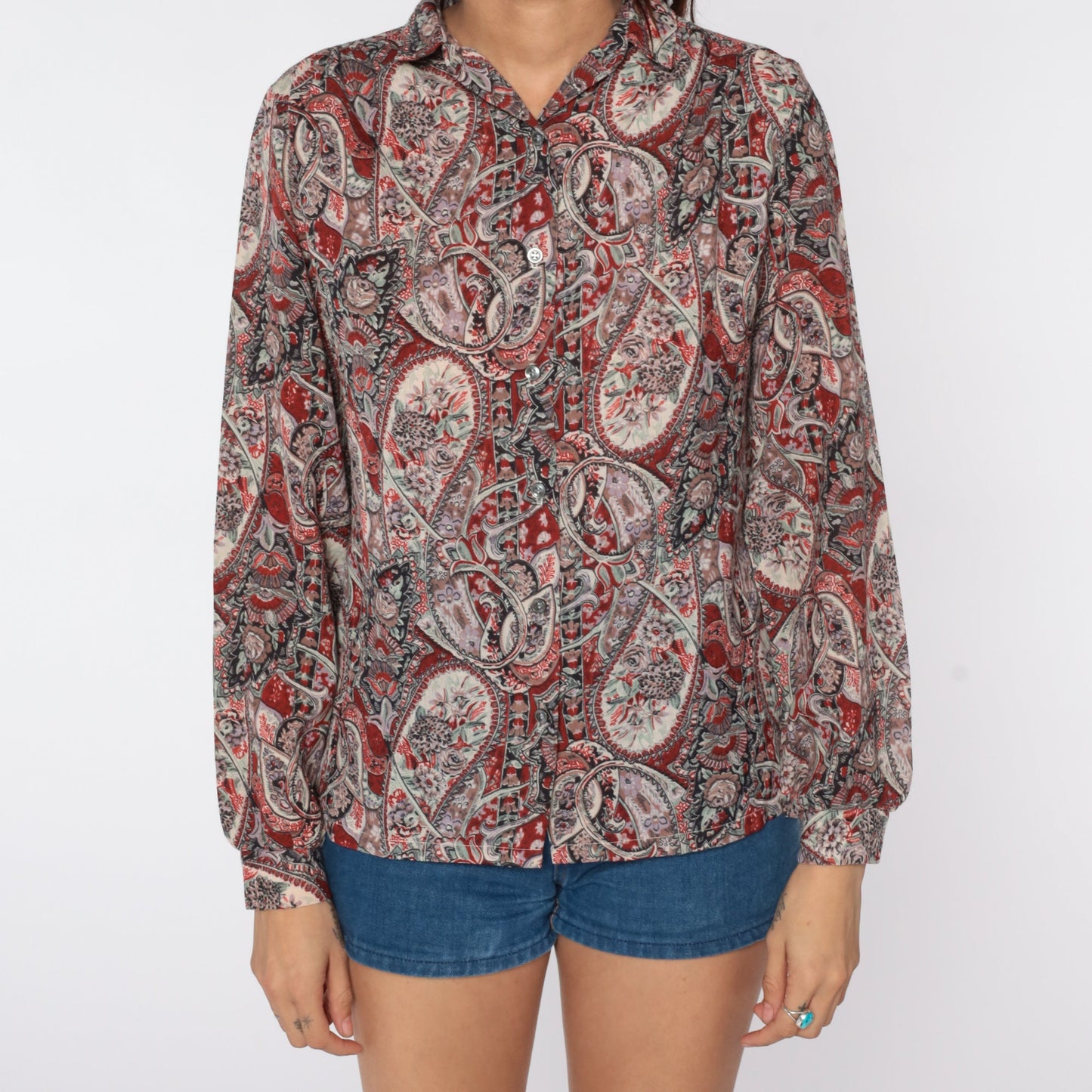 80s Paisley Button-Up Blouse Long Sleeve Psychedelic Print Medium