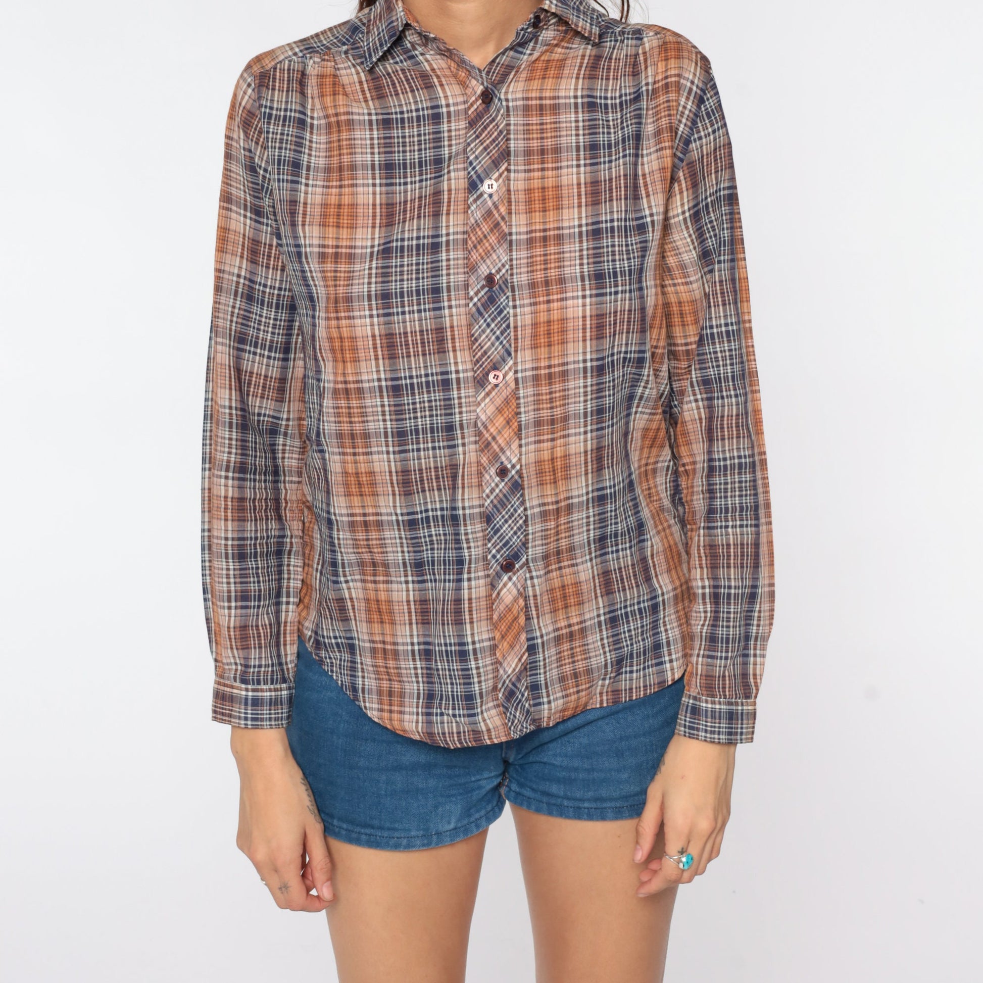 80s Plaid Button-Up Shirt Blue Brown Checkered Long Sleeve Small