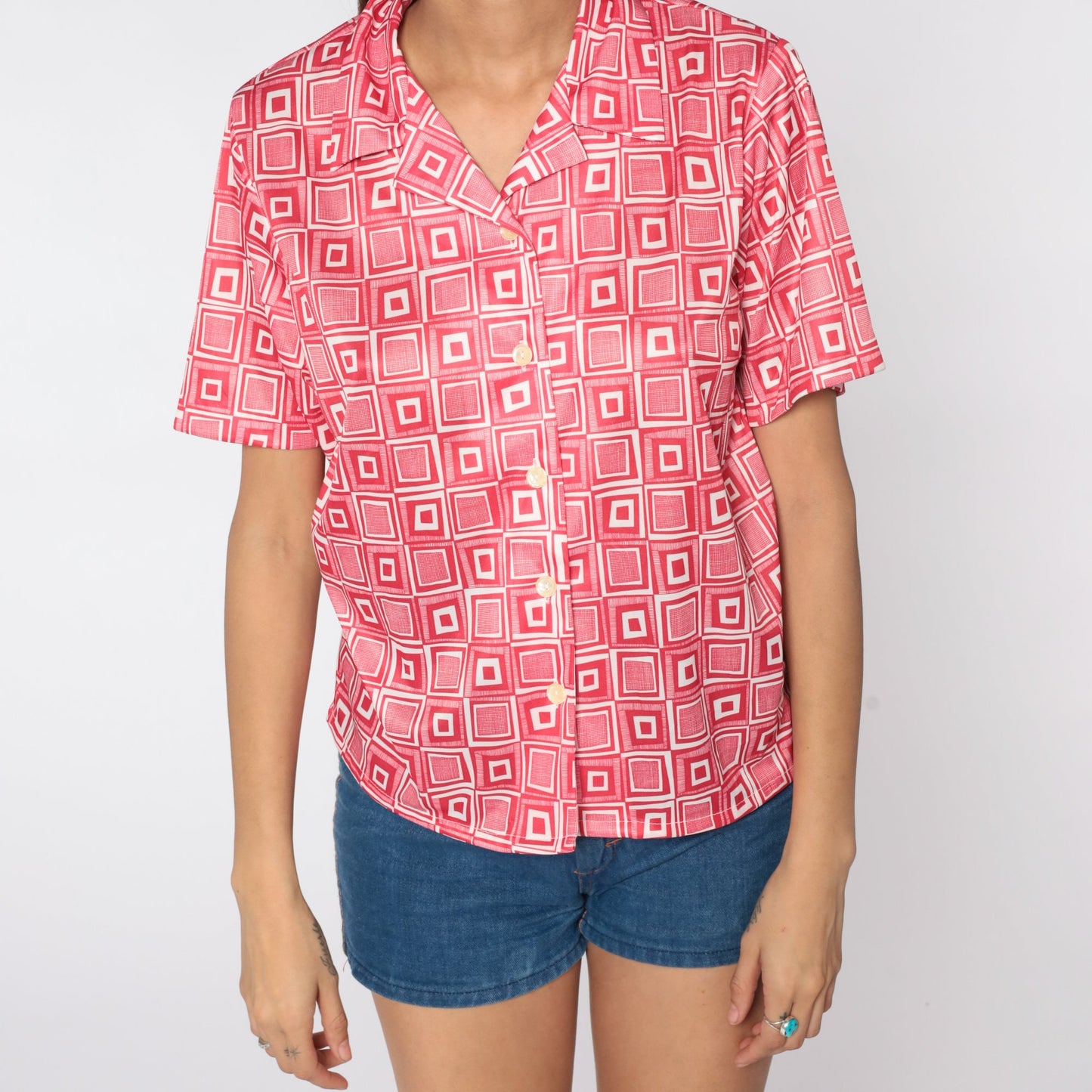 70s Geometric Print Button-Up Blouse Red White Psychedelic Collar Shirt Small