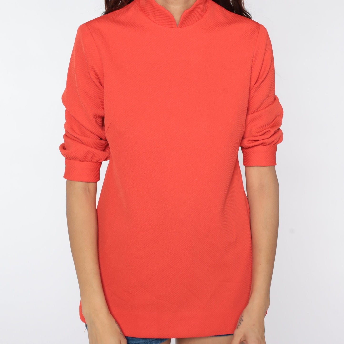 70s Mandarin Collar Shirt Orange Polyester Short Sleeve Blouse Extra Small XS