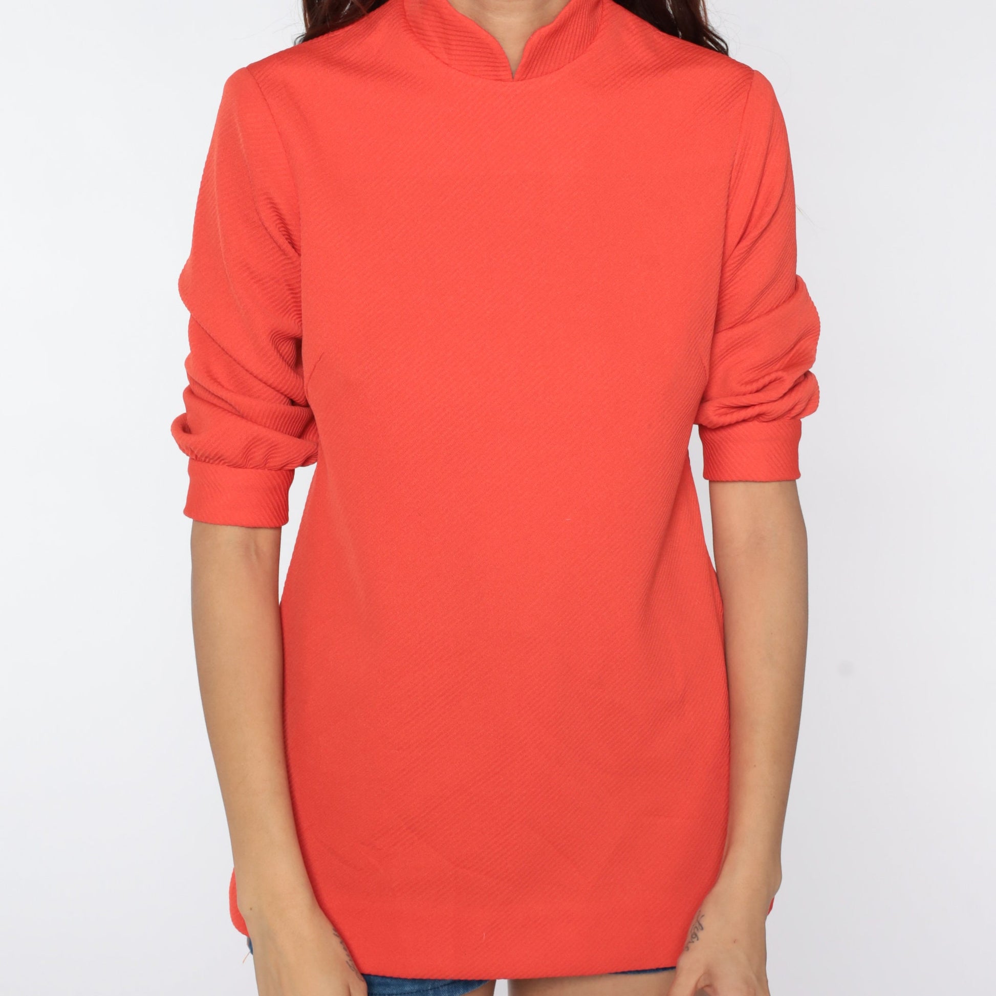 70s Mandarin Collar Shirt Orange Polyester Short Sleeve Blouse Extra Small XS