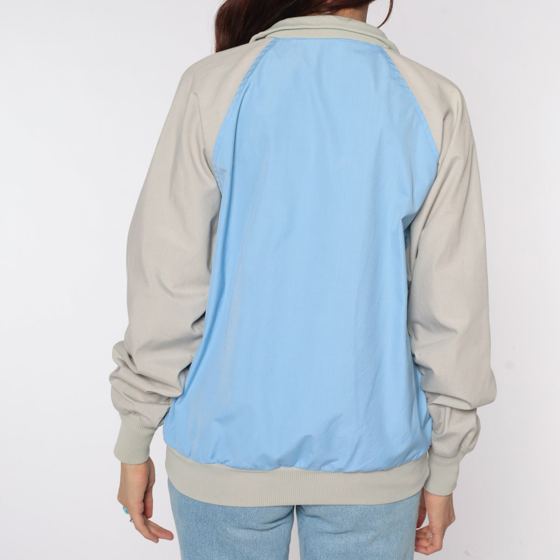 80s Baby Blue Taupe Raglan Windbreaker Half Zip Pullover Jacket Large