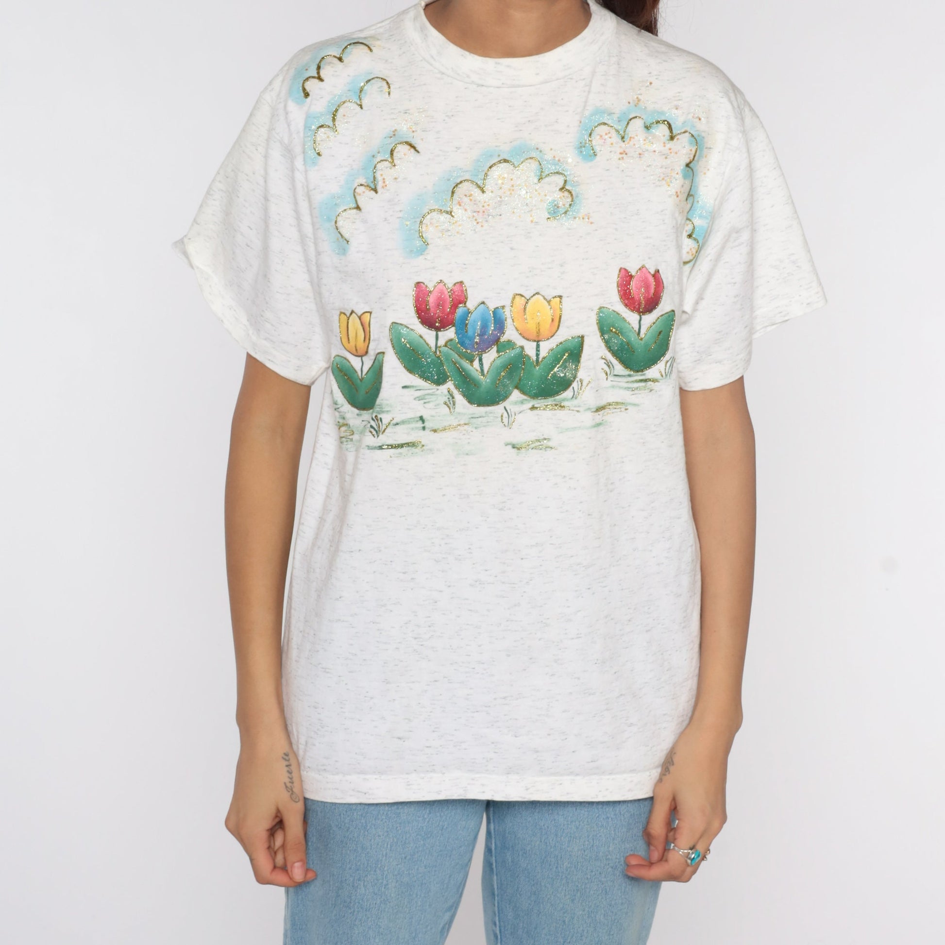 90s Glitter Tulip Floral T-Shirt Cotton Graphic Tee Medium M