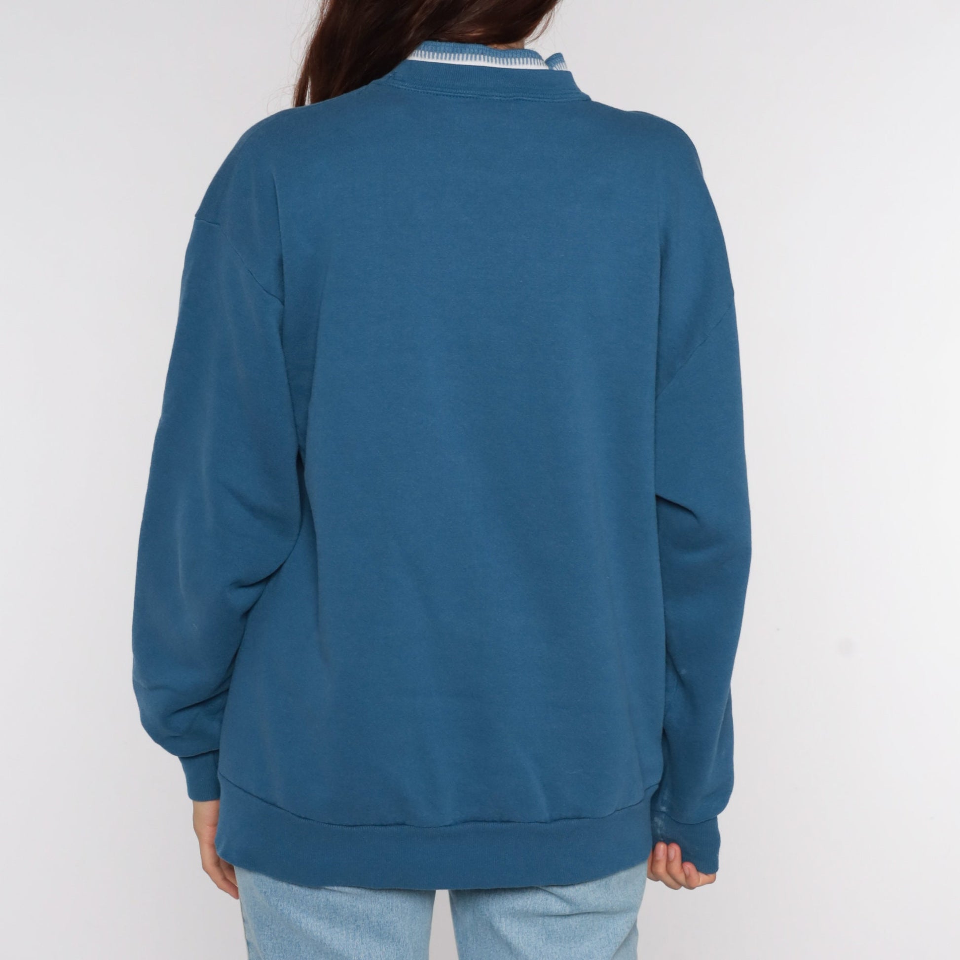 80s Winter Animal Graphic Sweatshirt Blue Mock Neck Bunny Squirrel Birds Large L
