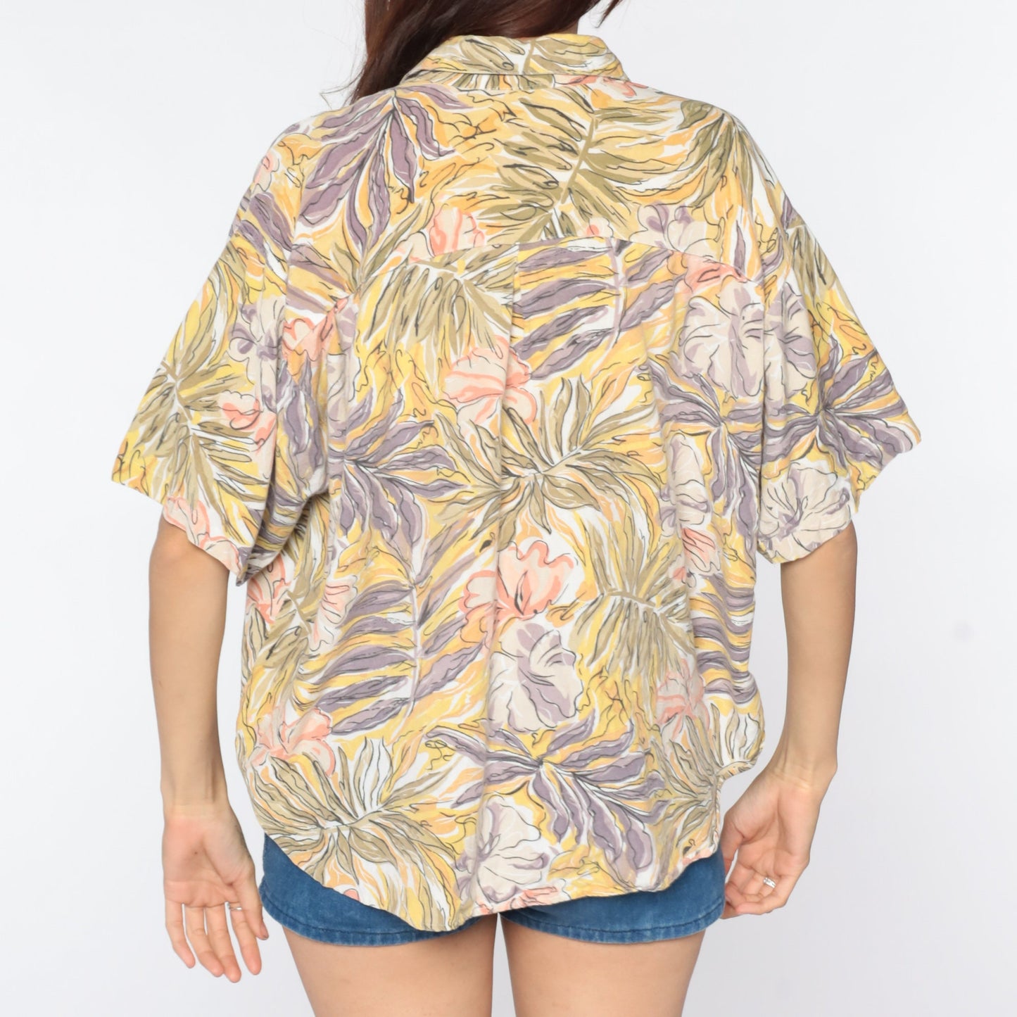 80s Tropical Floral Button-Up Shirt Yellow Pink Hawaiian Blouse Medium