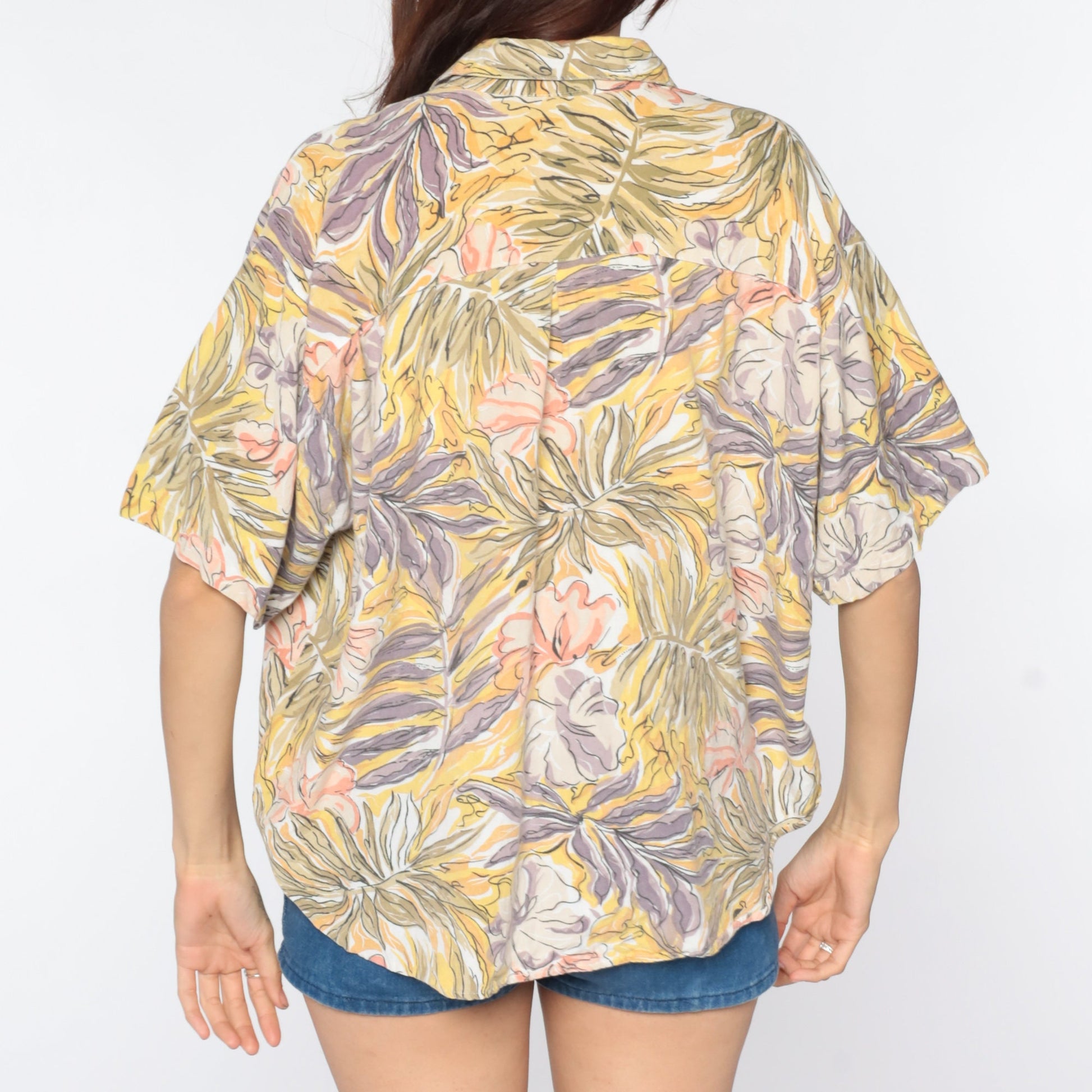 80s Tropical Floral Button-Up Shirt Yellow Pink Hawaiian Blouse Medium