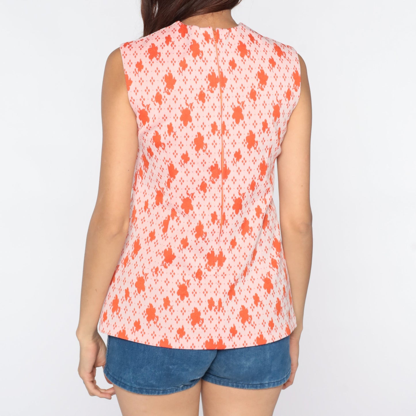 70s Orange Floral Abstract Tank Top Sleeveless Blouse Small