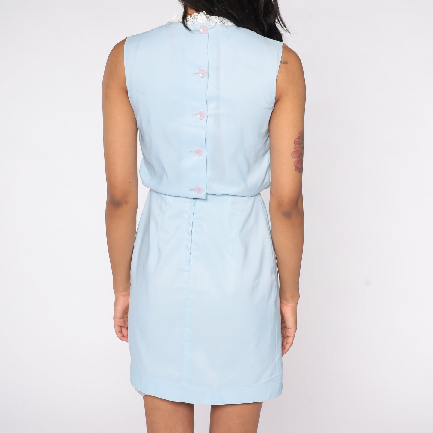60s Baby Blue Mini Dress High Waist Sleeveless Lace Trim Extra Small