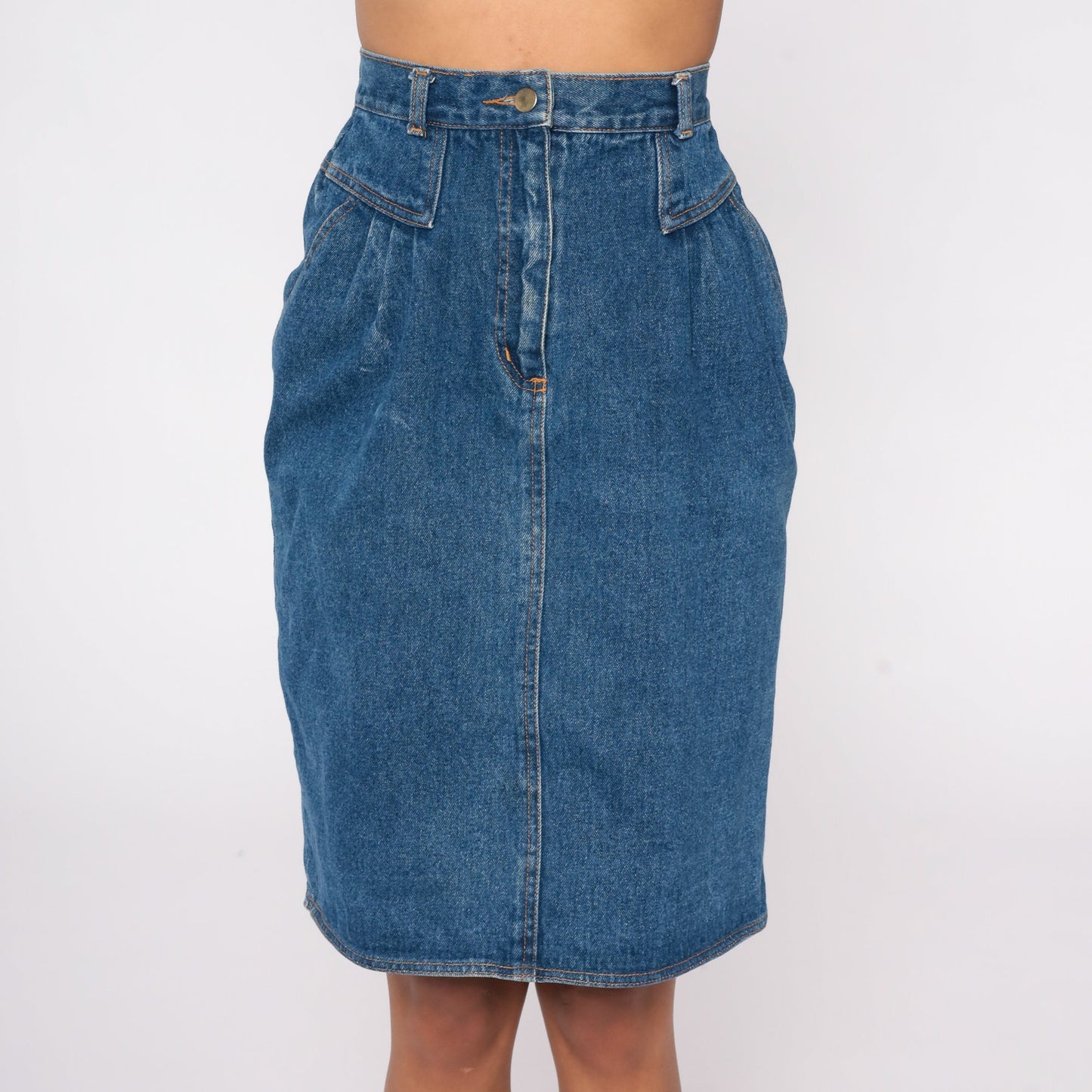 90s Blue Denim Pleated Mini Skirt High Waist Jean Pencil Skirt Extra Small
