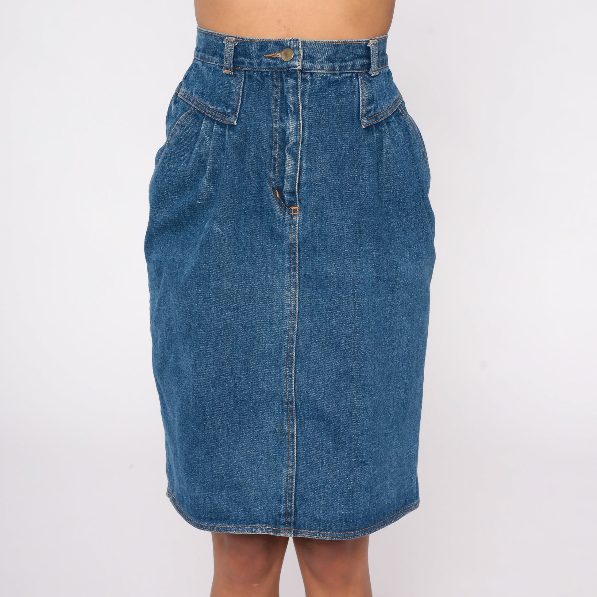 90s Blue Denim Pleated Mini Skirt High Waist Jean Pencil Skirt Extra Small