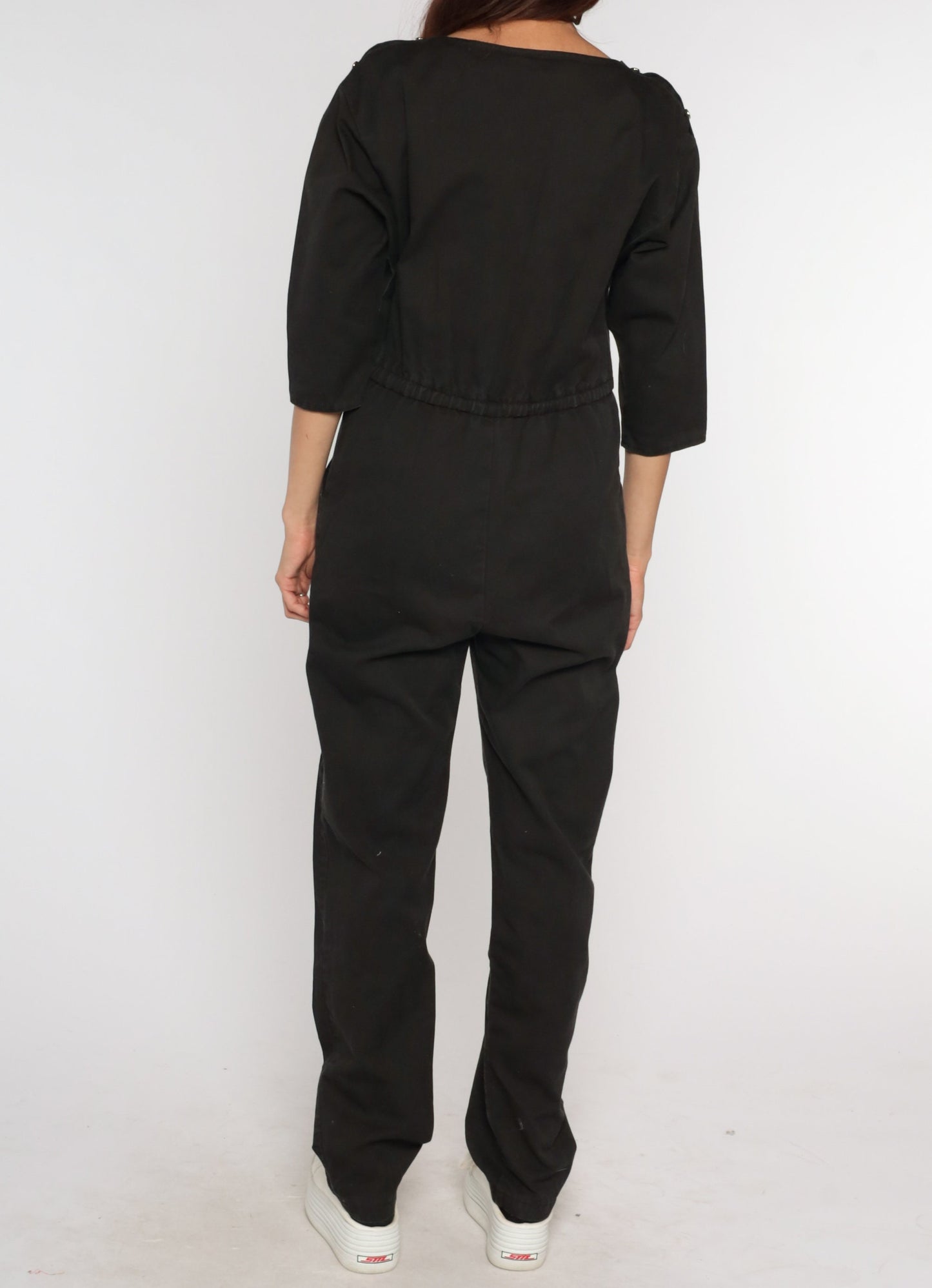80s Black Jumpsuit High Waisted Tapered 3/4 Sleeve Playsuit Small Medium
