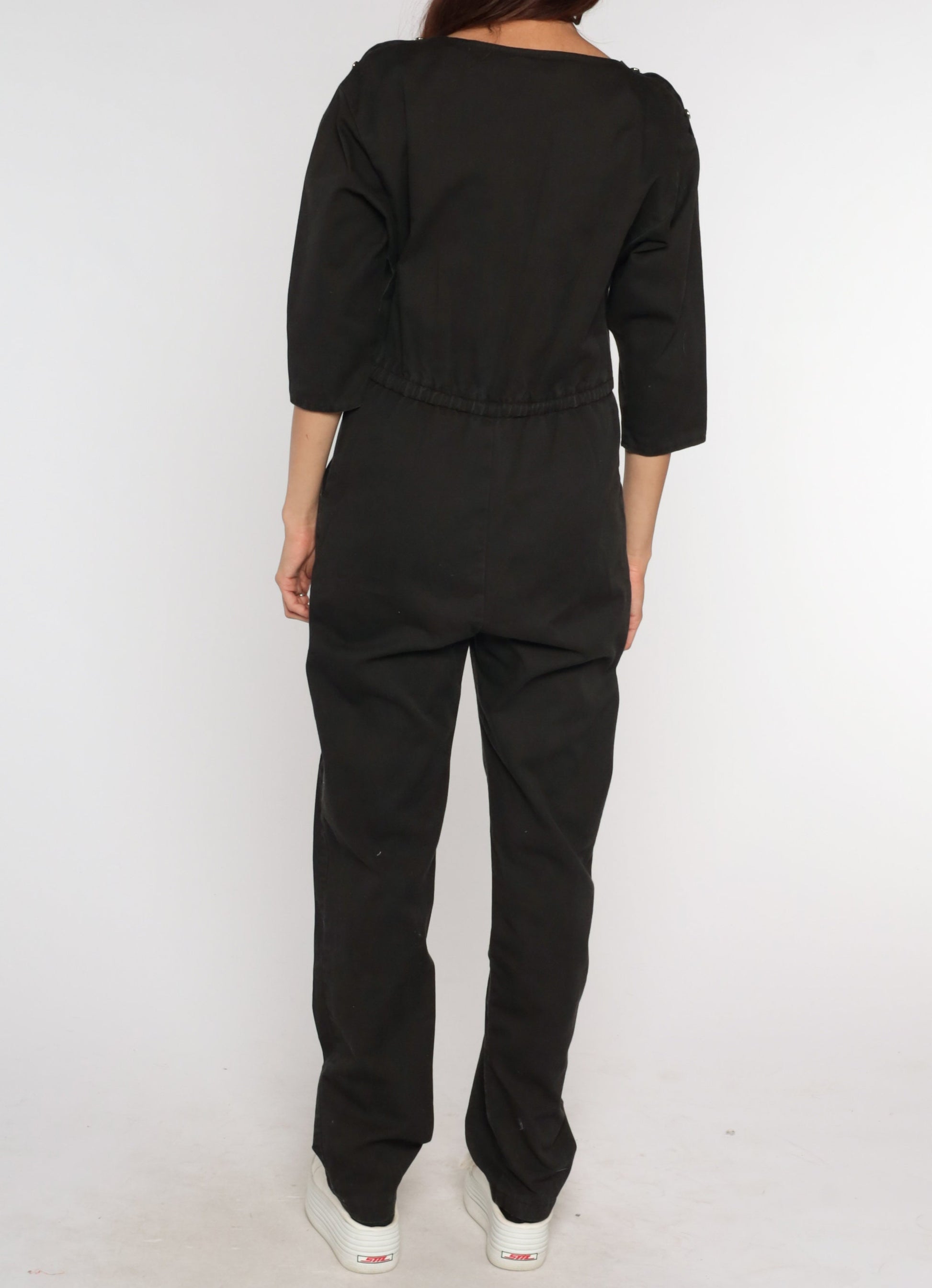 80s Black Jumpsuit High Waisted Tapered 3/4 Sleeve Playsuit Small Medium