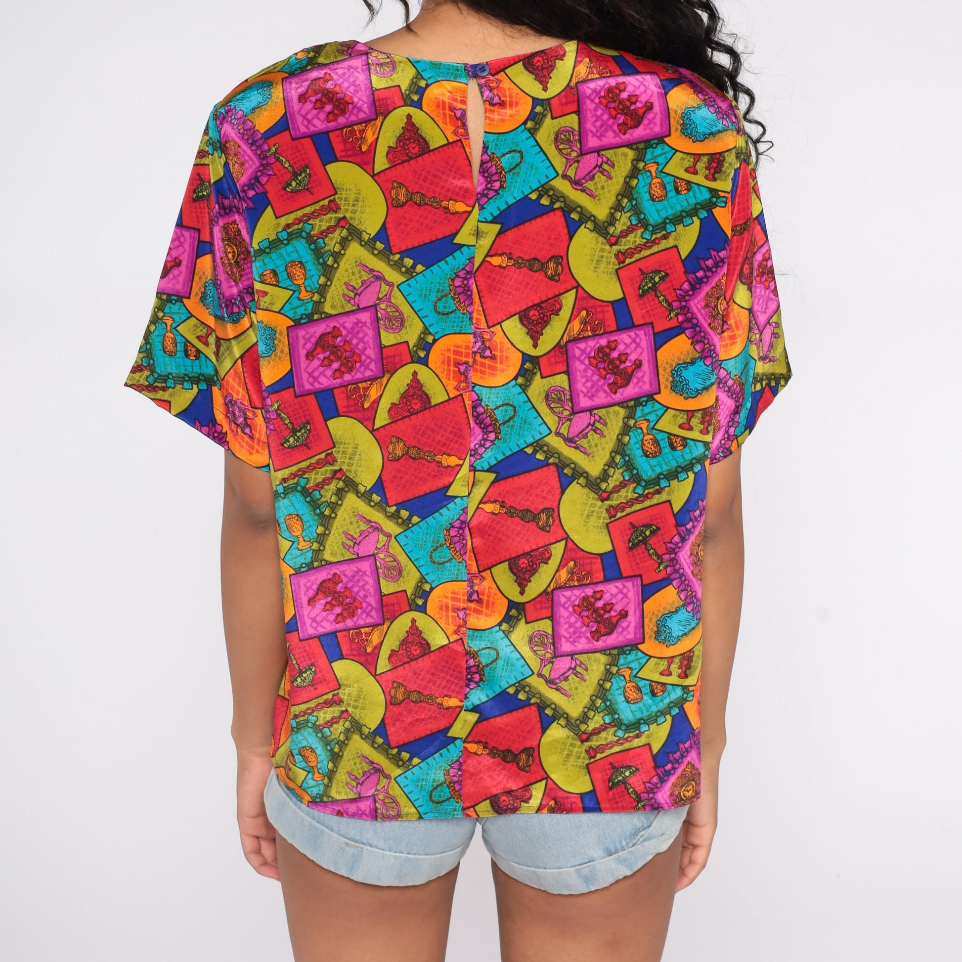 80s Geometric Furniture Print Blouse Cap Sleeve Multicolor Statement Top Large L