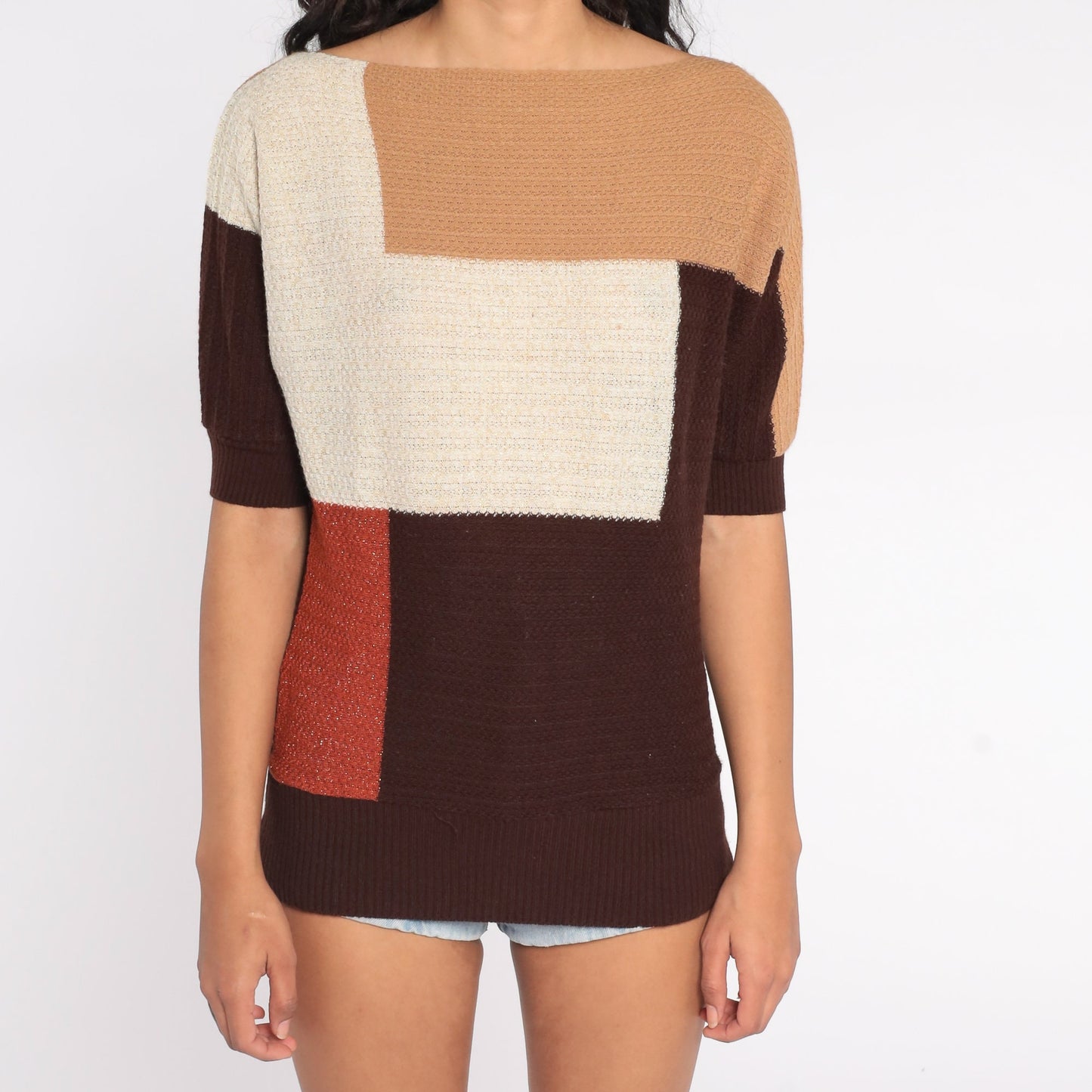 80s Color Block Knit Top Short Sleeve Striped Sweater Cream Rust Brown Small S