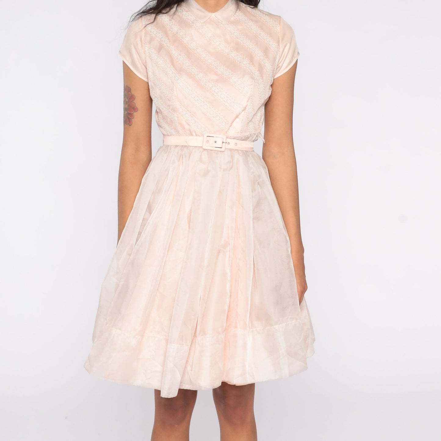 60s Baby Pink Party Dress Peter Pan Collar Full Skirt High Waisted Extra Small