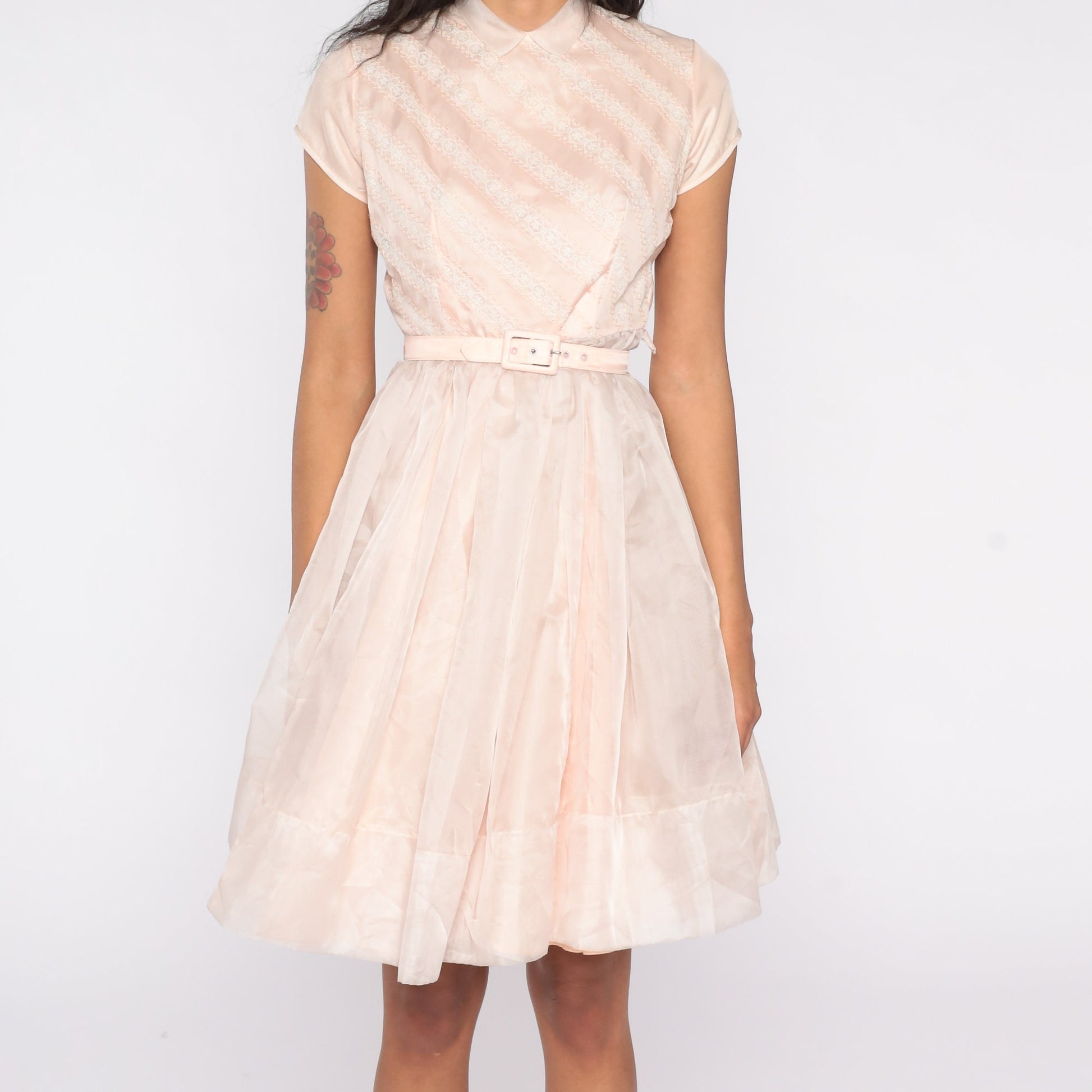 60s Baby Pink Party Dress Peter Pan Collar Full Skirt High Waisted Extra Small