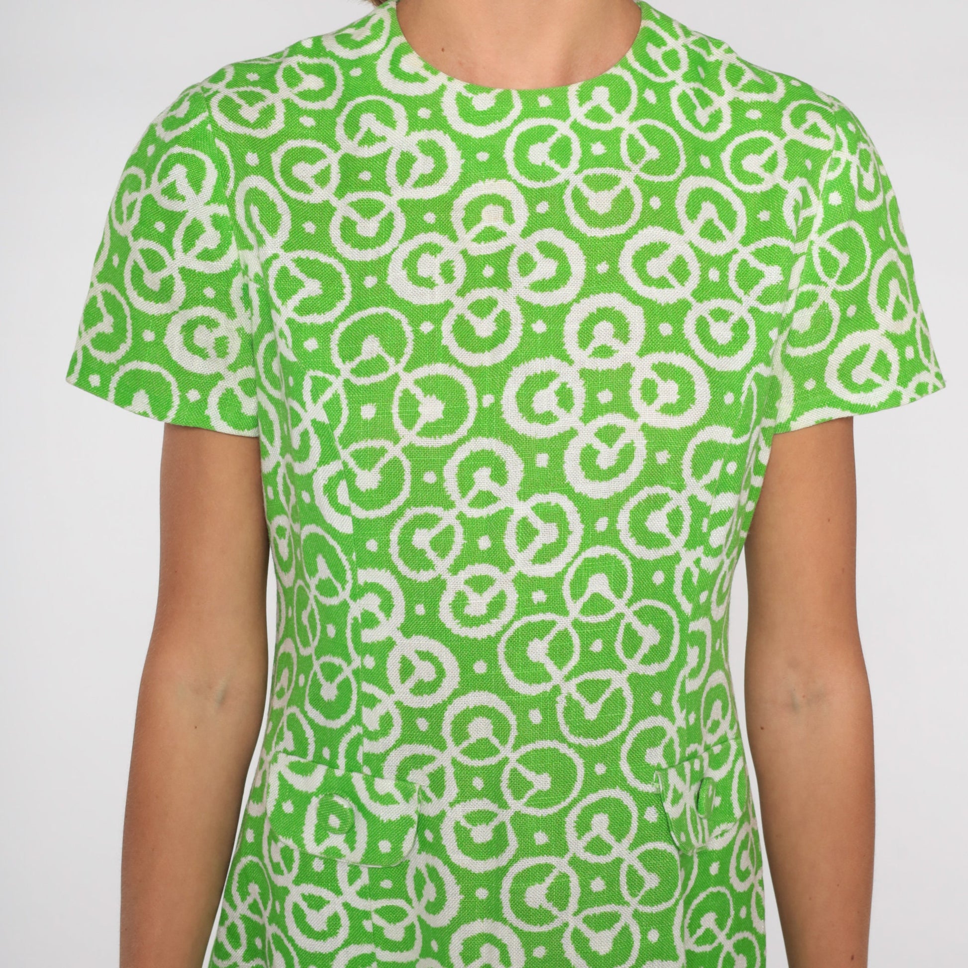 60s Green Geometric A-Line Shift Dress Short Sleeve Mini Pockets Small
