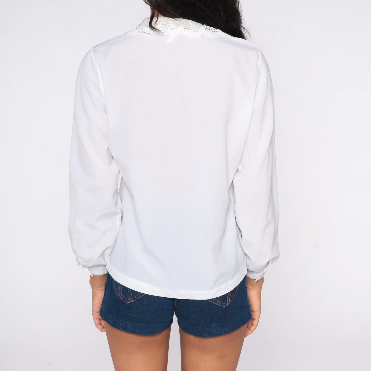 70s White Lace Blouse Victorian Button-Up Sheer Long Sleeve Small Medium