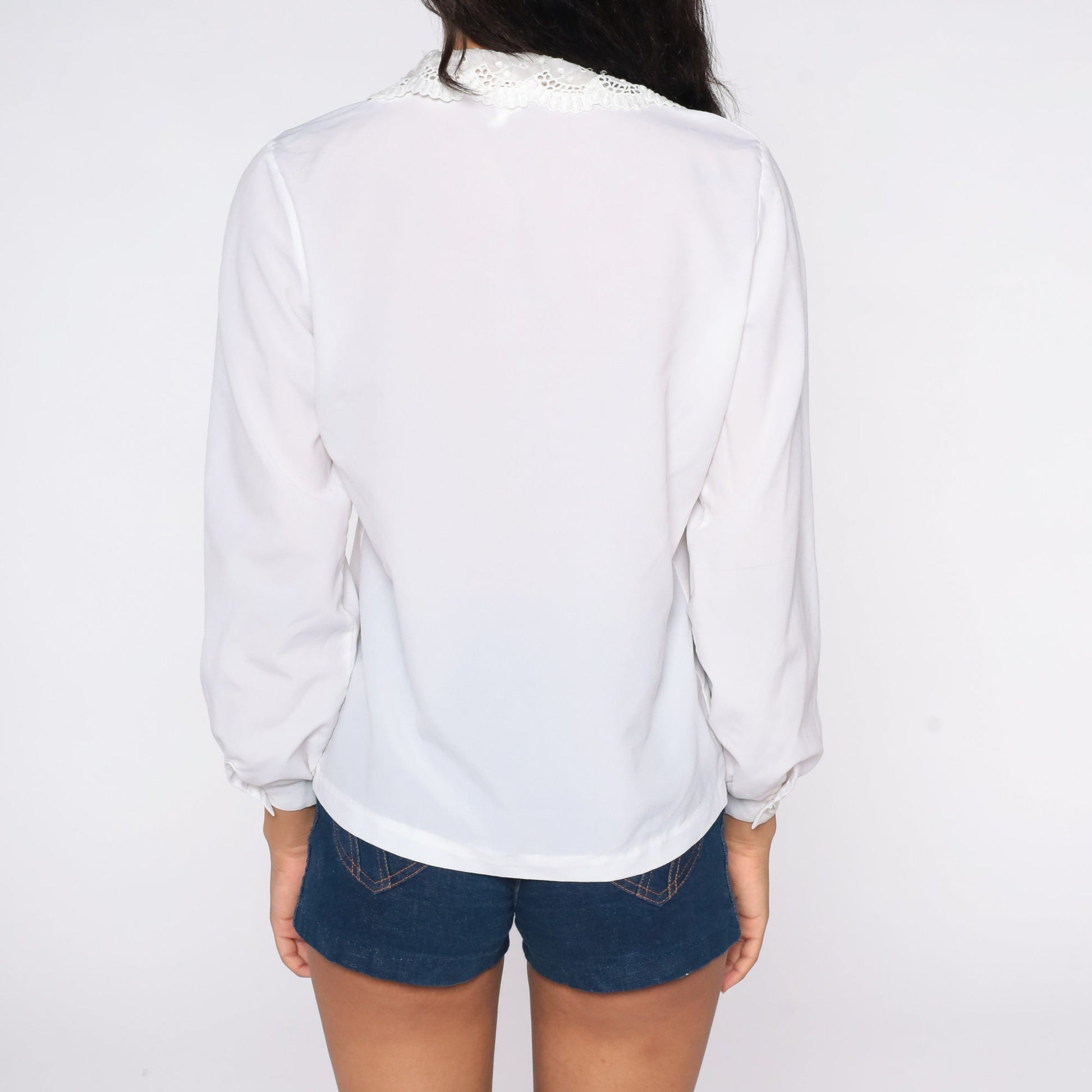 70s White Lace Blouse Victorian Button-Up Sheer Long Sleeve Small Medium