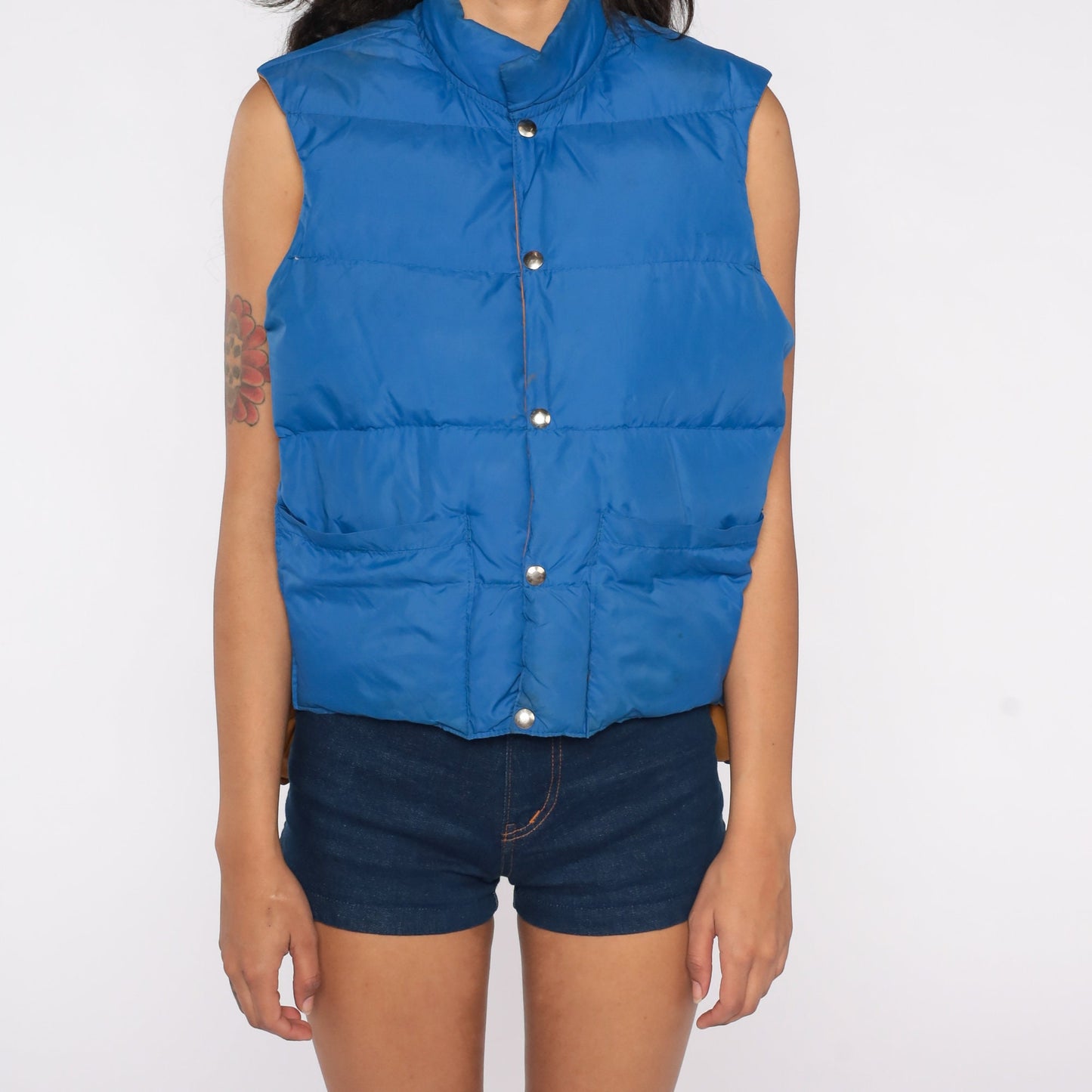 70s Reversible Goose Down Puffer Vest Mustard Brown Blue Sleeveless Medium Large