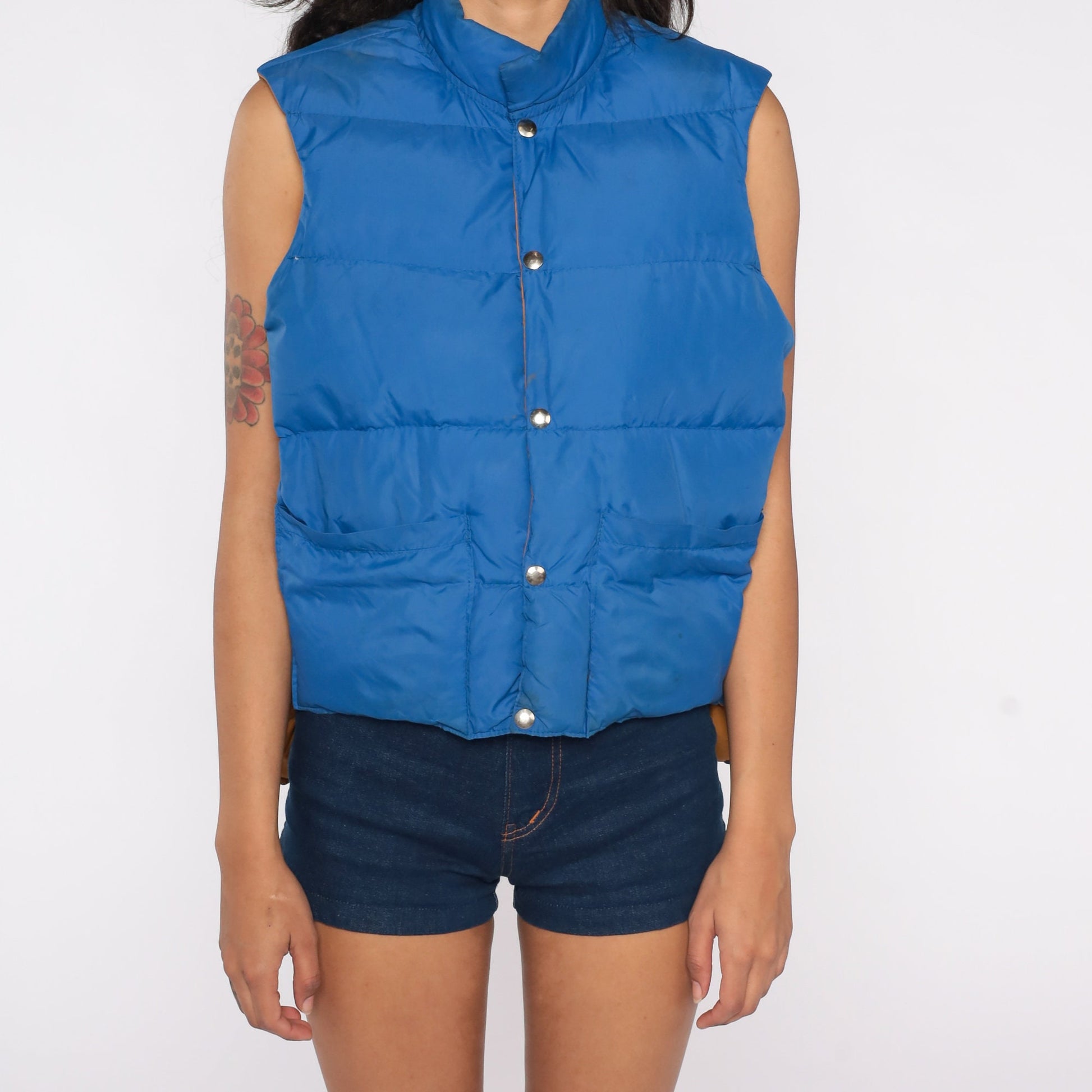 70s Reversible Goose Down Puffer Vest Mustard Brown Blue Sleeveless Medium Large