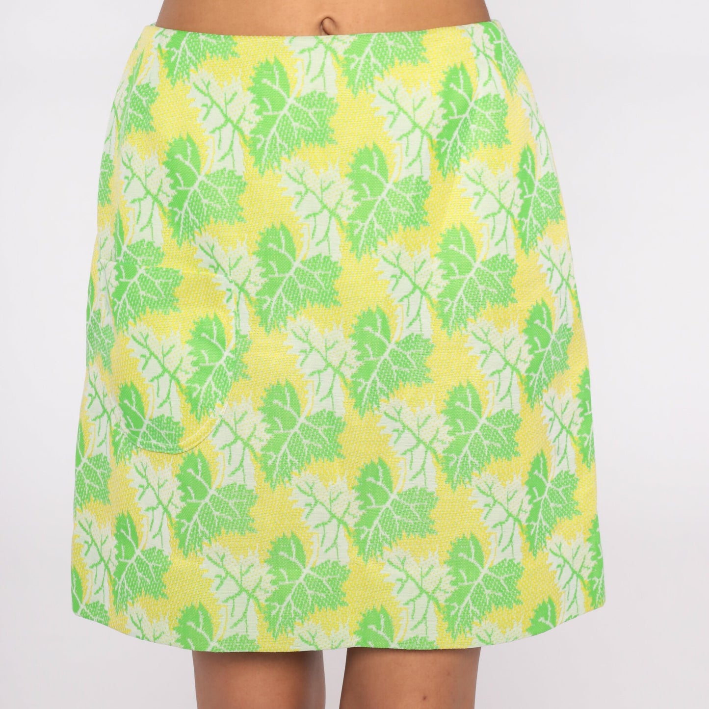 70s Yellow Leaf Print Mini Skirt High Waist Pocket Small