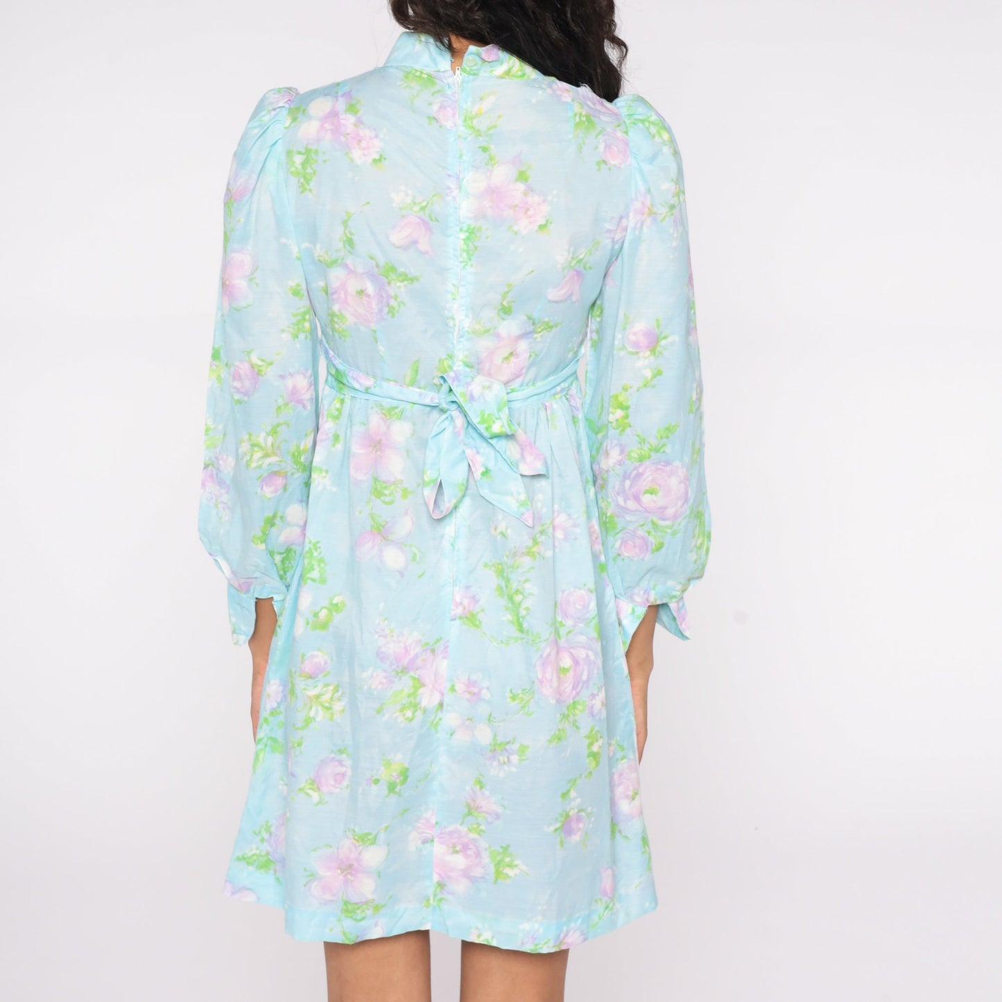 60s Floral Babydoll Dress Baby Blue Mock Neck Puff Sleeve Mini Small S