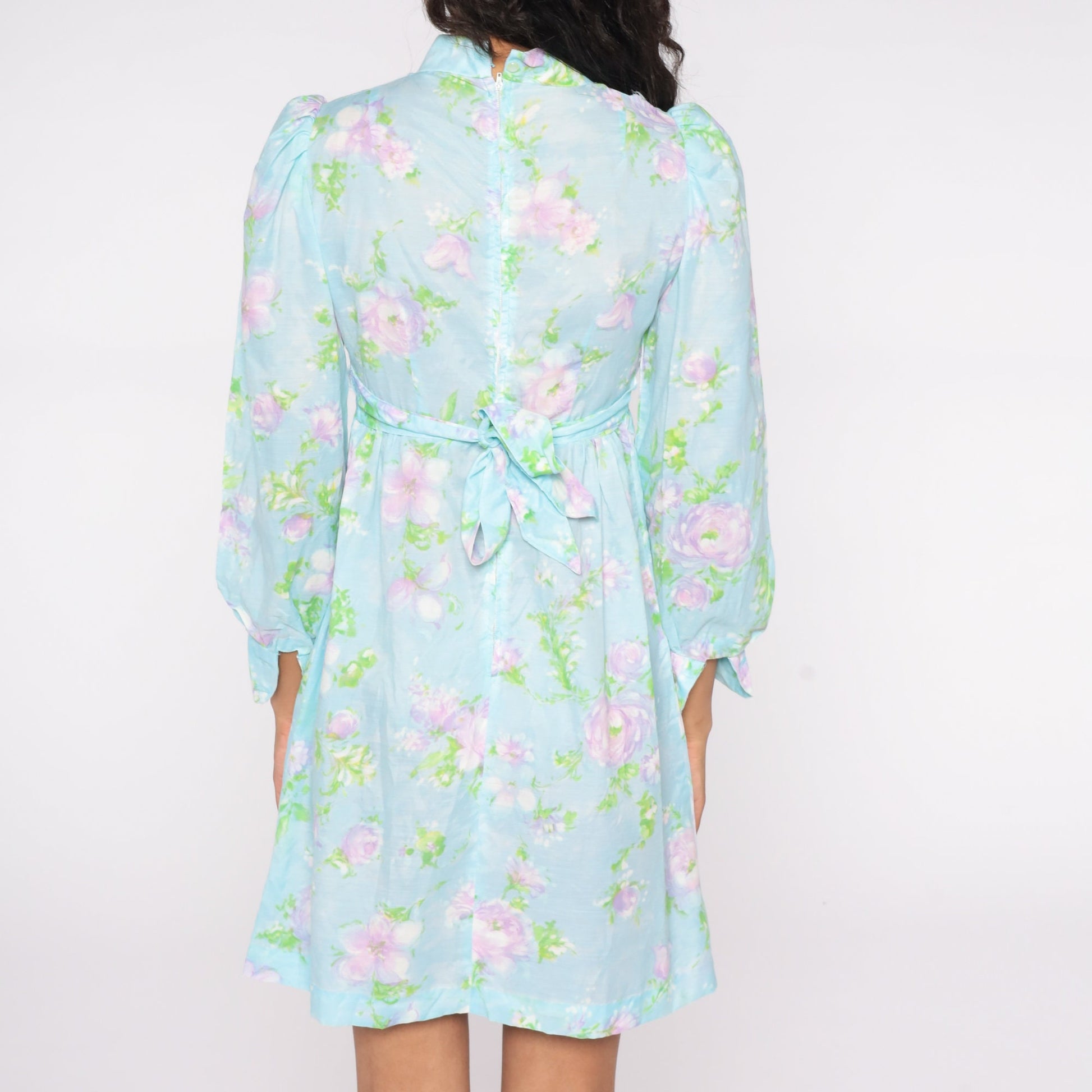 60s Floral Babydoll Dress Baby Blue Mock Neck Puff Sleeve Mini Small S