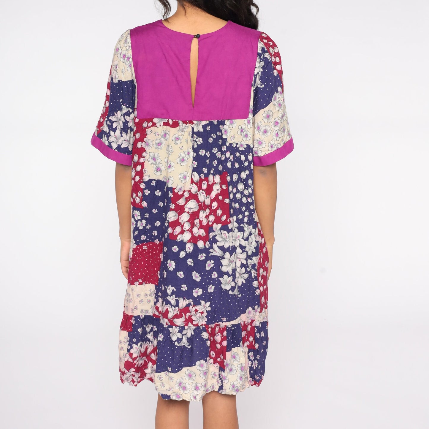 80s Liberty House Floral Patchwork Midi Dress Purple Blue Red Extra Large