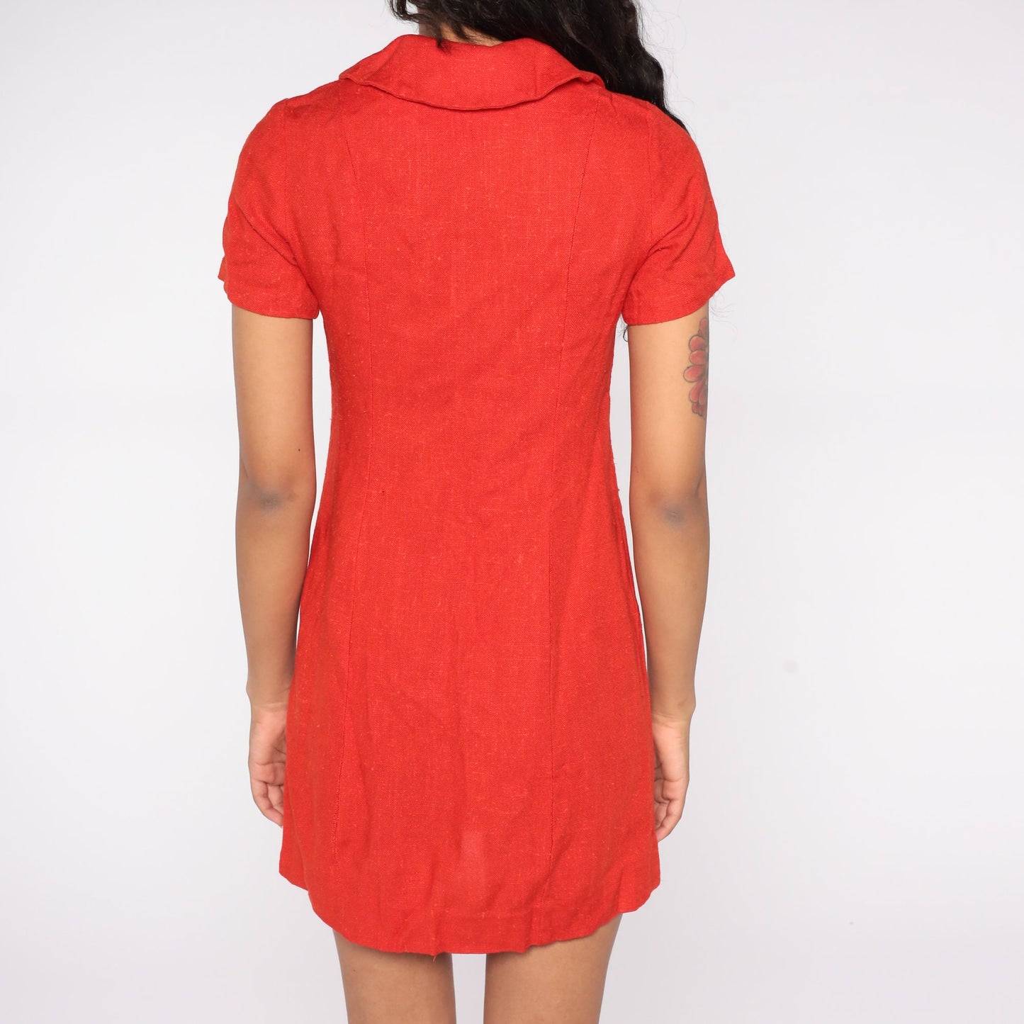 60s Red Mini Dress Peter Pan Collar High Waisted Button Front Small