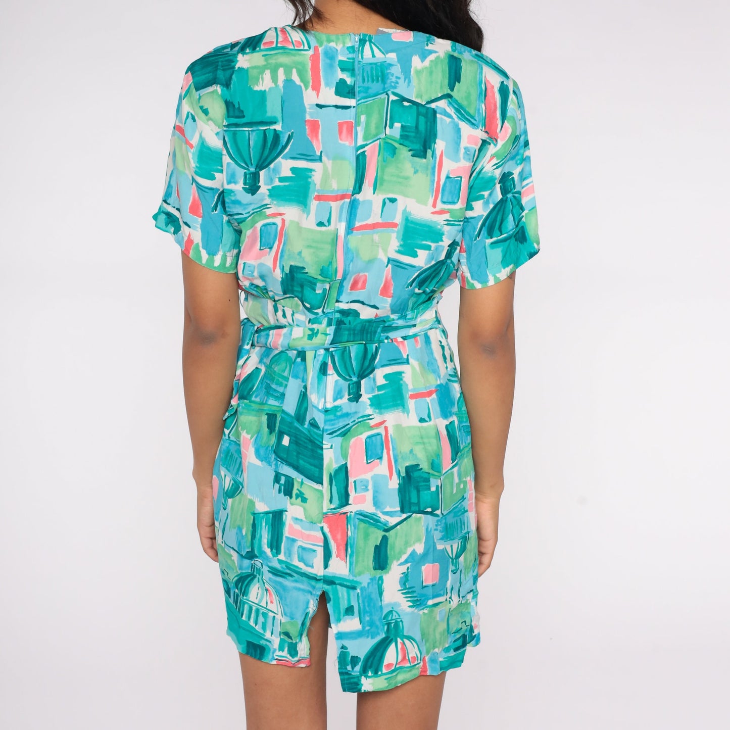 80s Blue City Print Wrap Dress Mini Short Sleeve Medium
