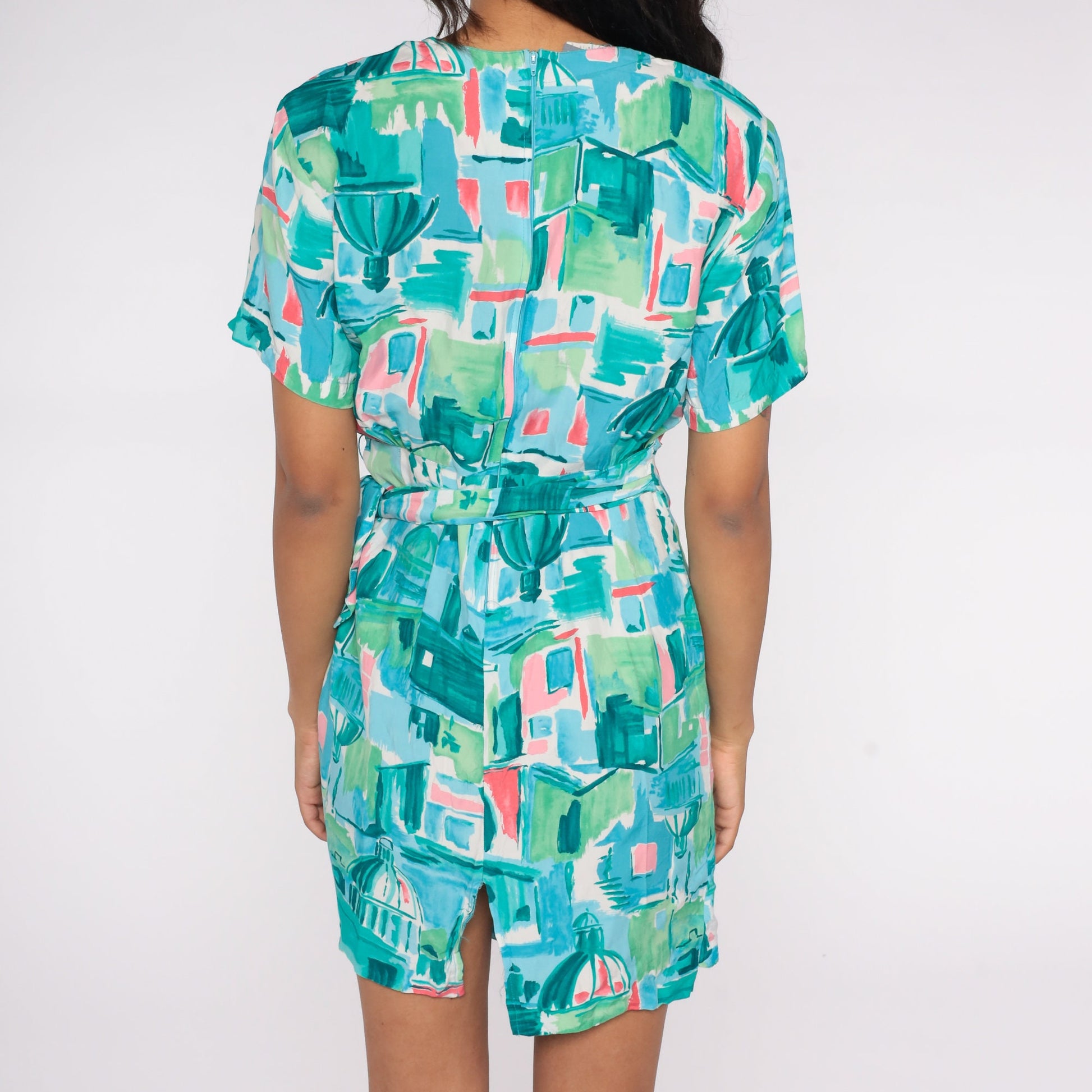 80s Blue City Print Wrap Dress Mini Short Sleeve Medium
