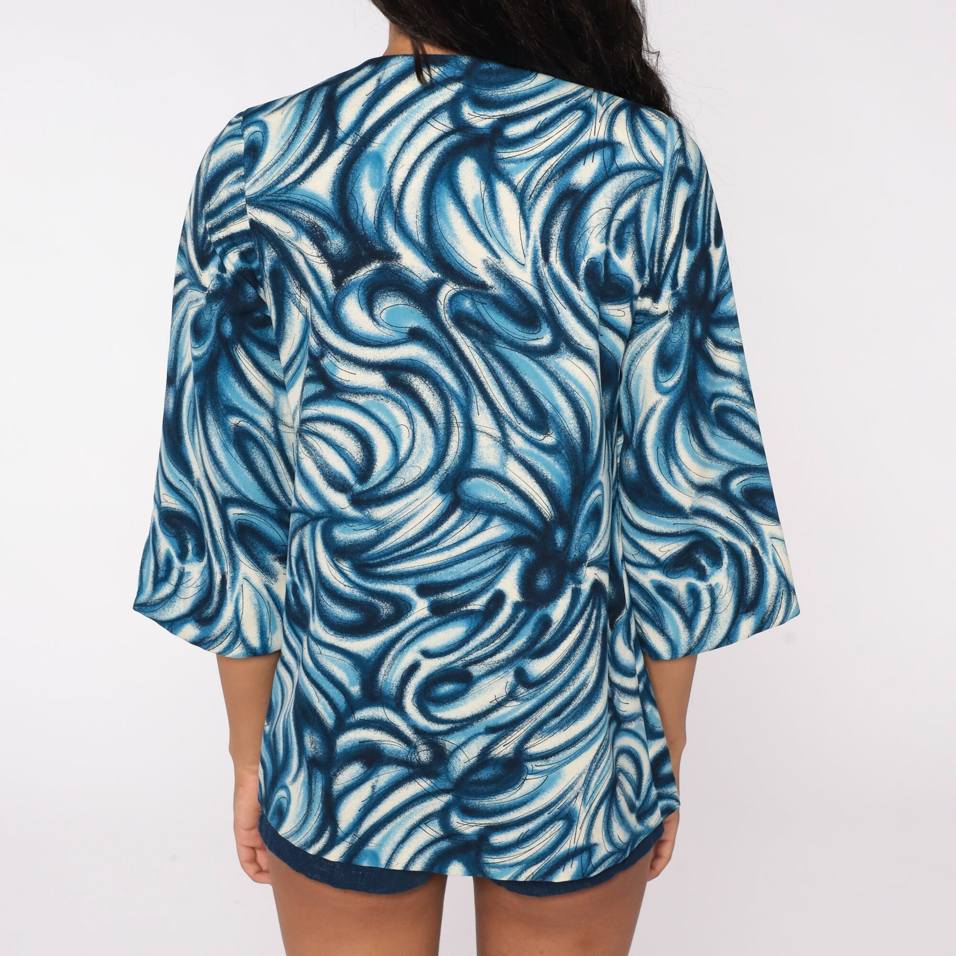 70s Blue Swirl Print Open Front Jacket Small