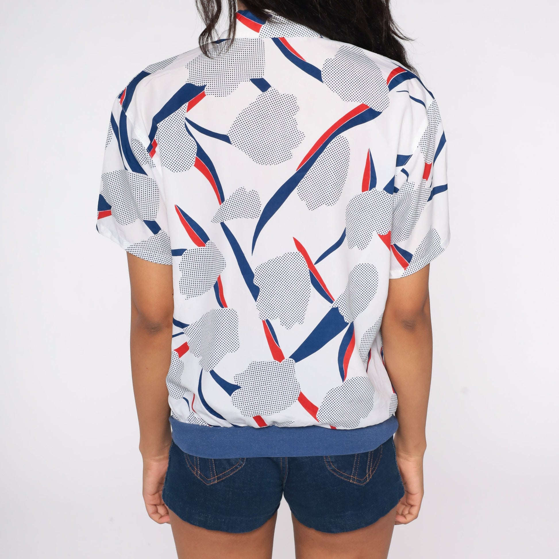 80s Abstract Floral Polo Shirt White Blue Button Up Short Sleeve Small