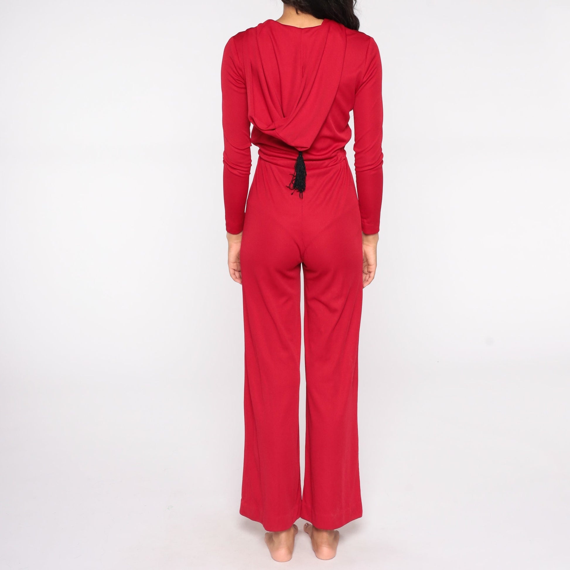 70s Red Hooded Jumpsuit Wide Leg Bell Bottom Zip Front Small