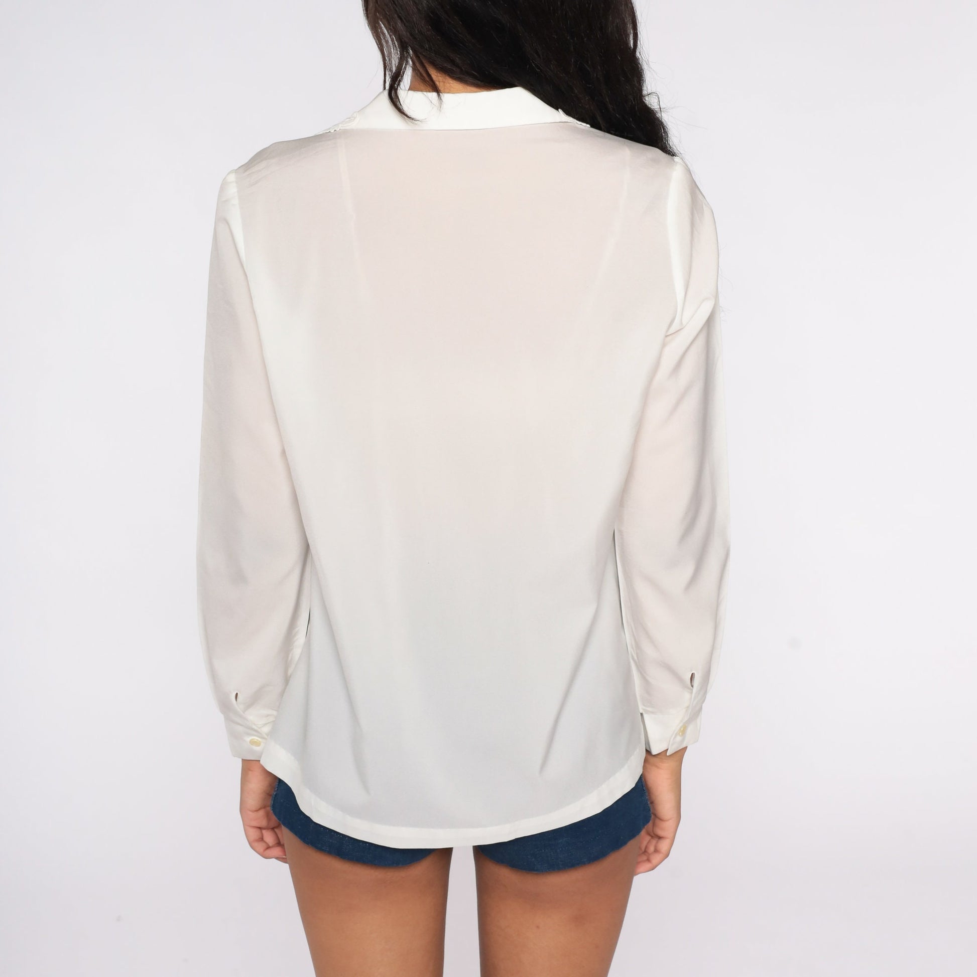 80s Semi-Sheer White Button-Up Blouse Lace Collar Long Sleeve Medium