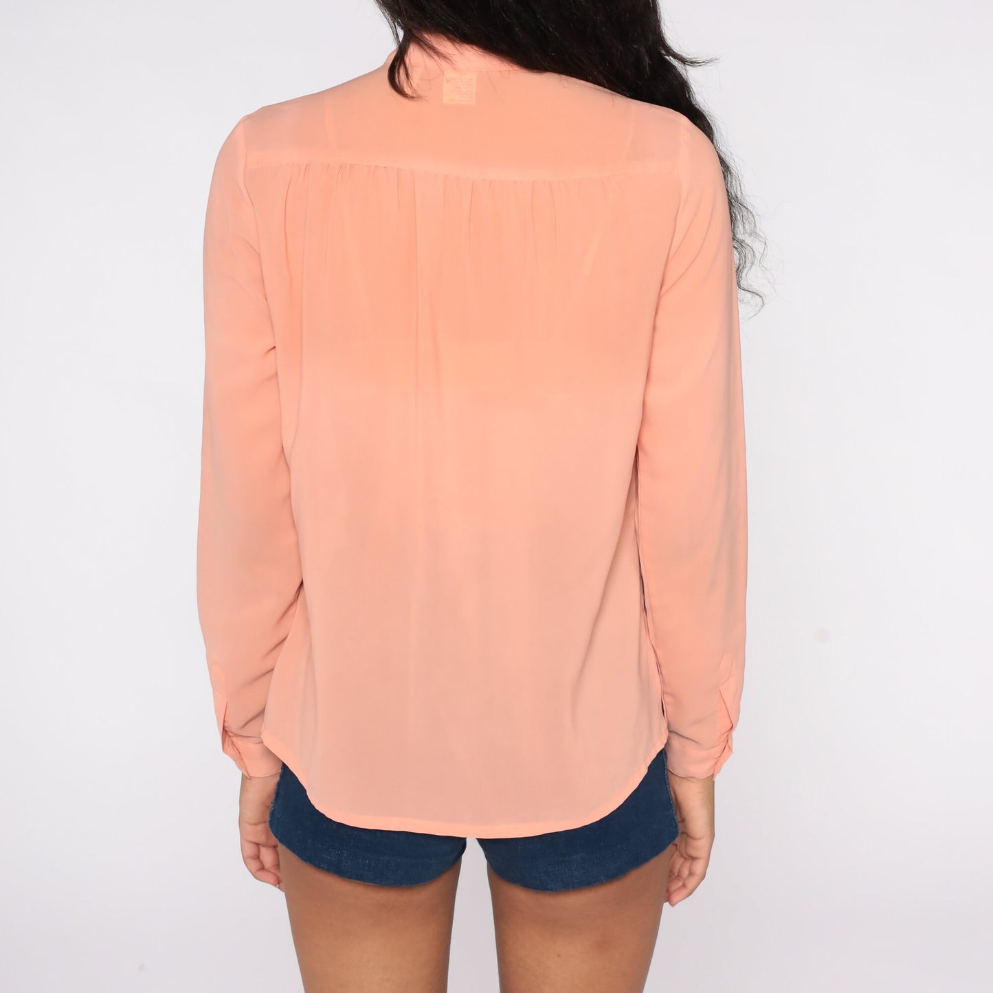 80s Peach Chiffon Blouse Long Sleeve Button Up Sheer Collar Small