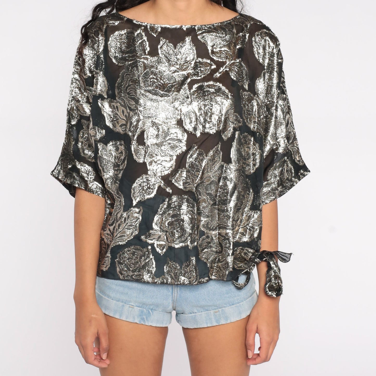 80s Metallic Silver Rose Floral Sheer Blouse Dolman Sleeve Small