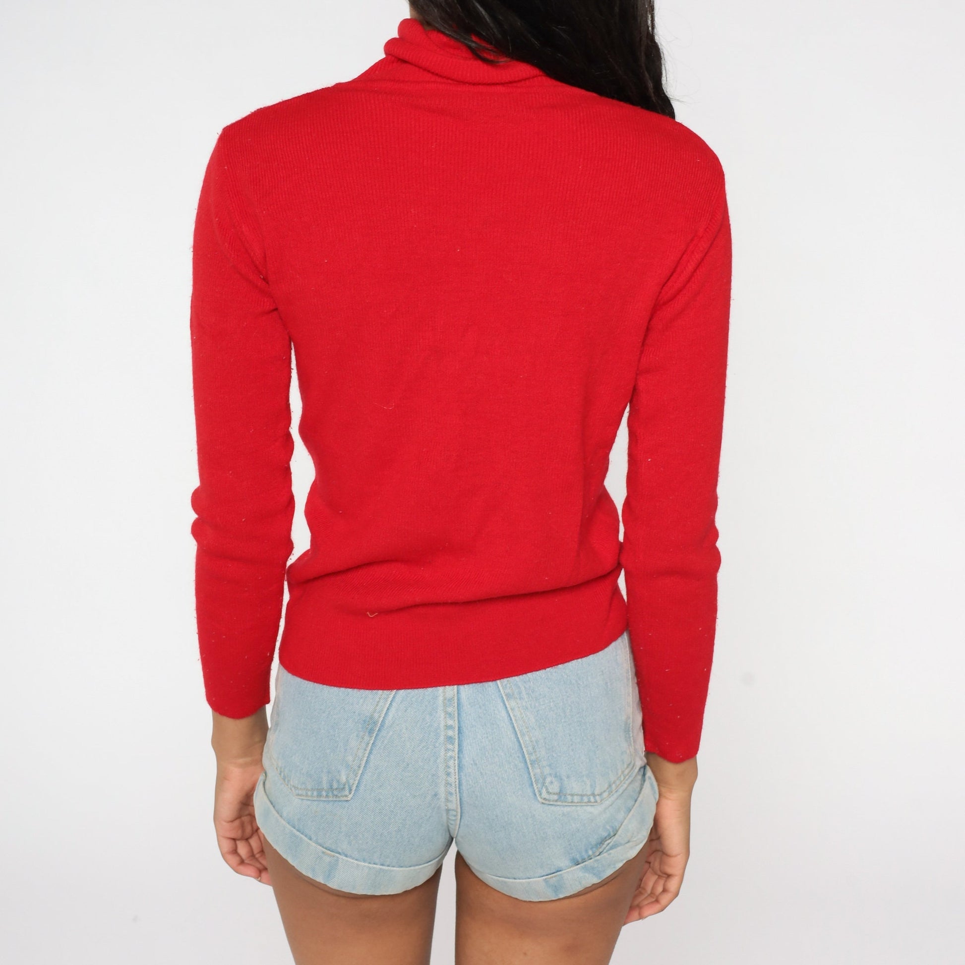80s Red Knit Turtleneck Long Sleeve Sweater Top Ribbed Medium Large