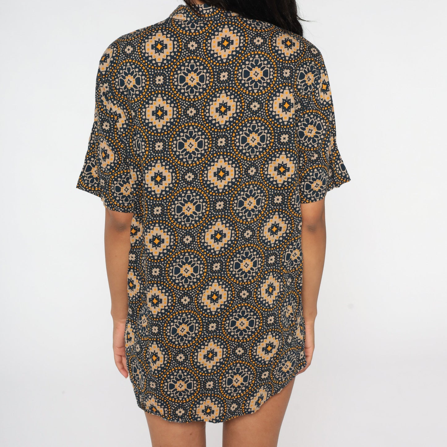 90s Geometric Floral Button Up Blouse Blue Orange Short Sleeve Extra Large XL