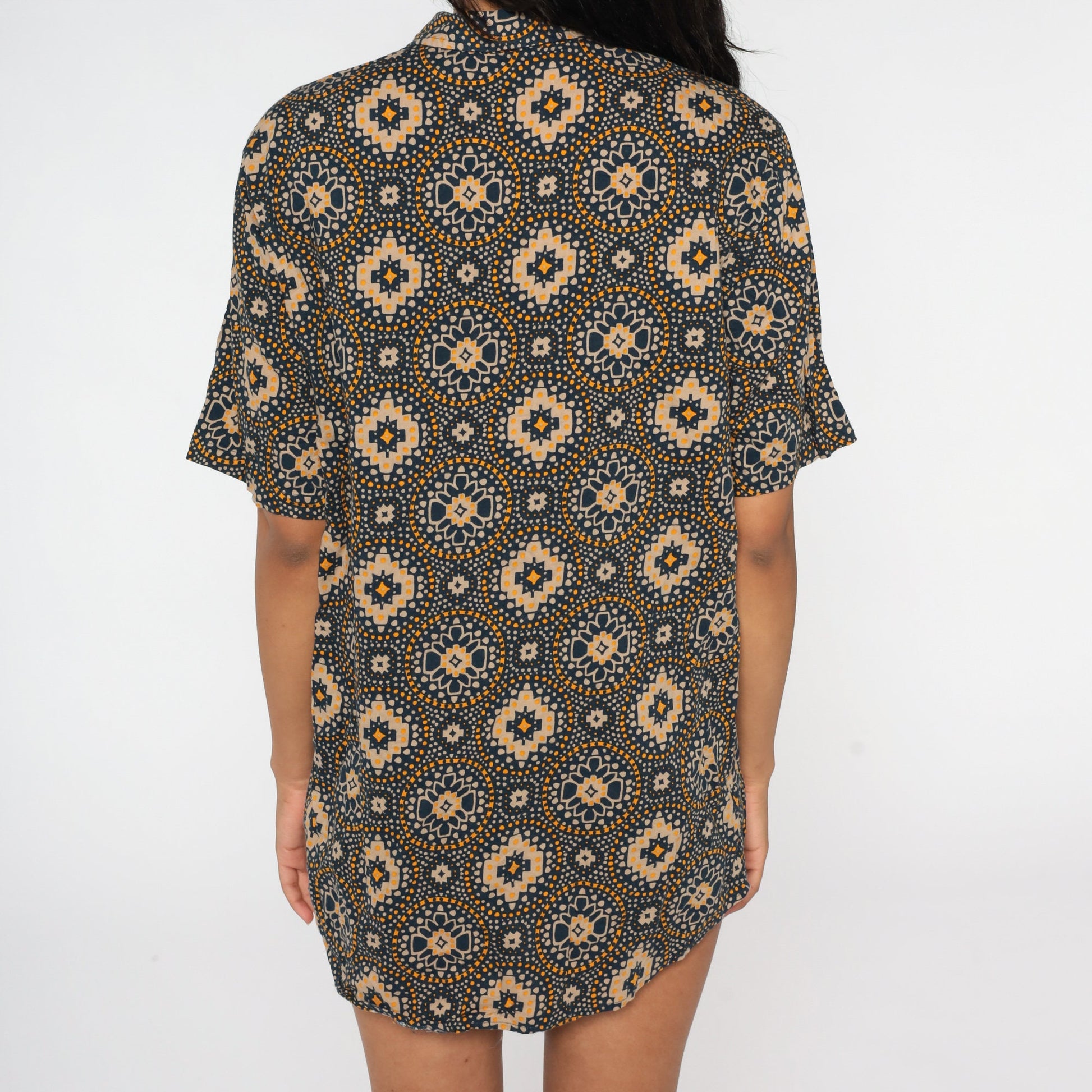 90s Geometric Floral Button Up Blouse Blue Orange Short Sleeve Extra Large XL