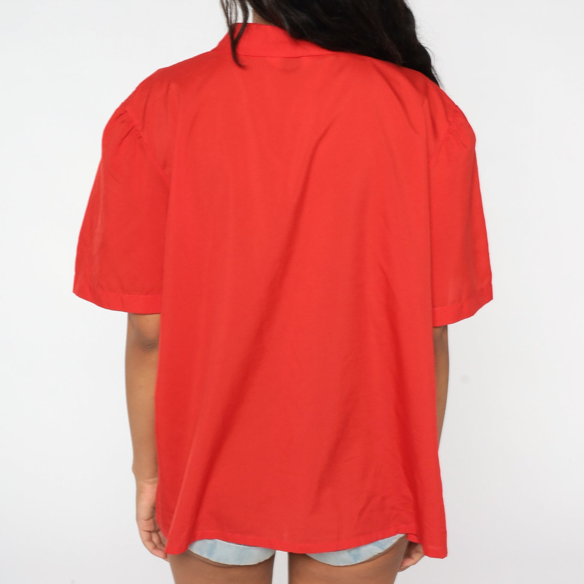 80s Red Ascot Bow Blouse Button-Up Secretary Shirt Puff Sleeve Extra Extra Large XXL